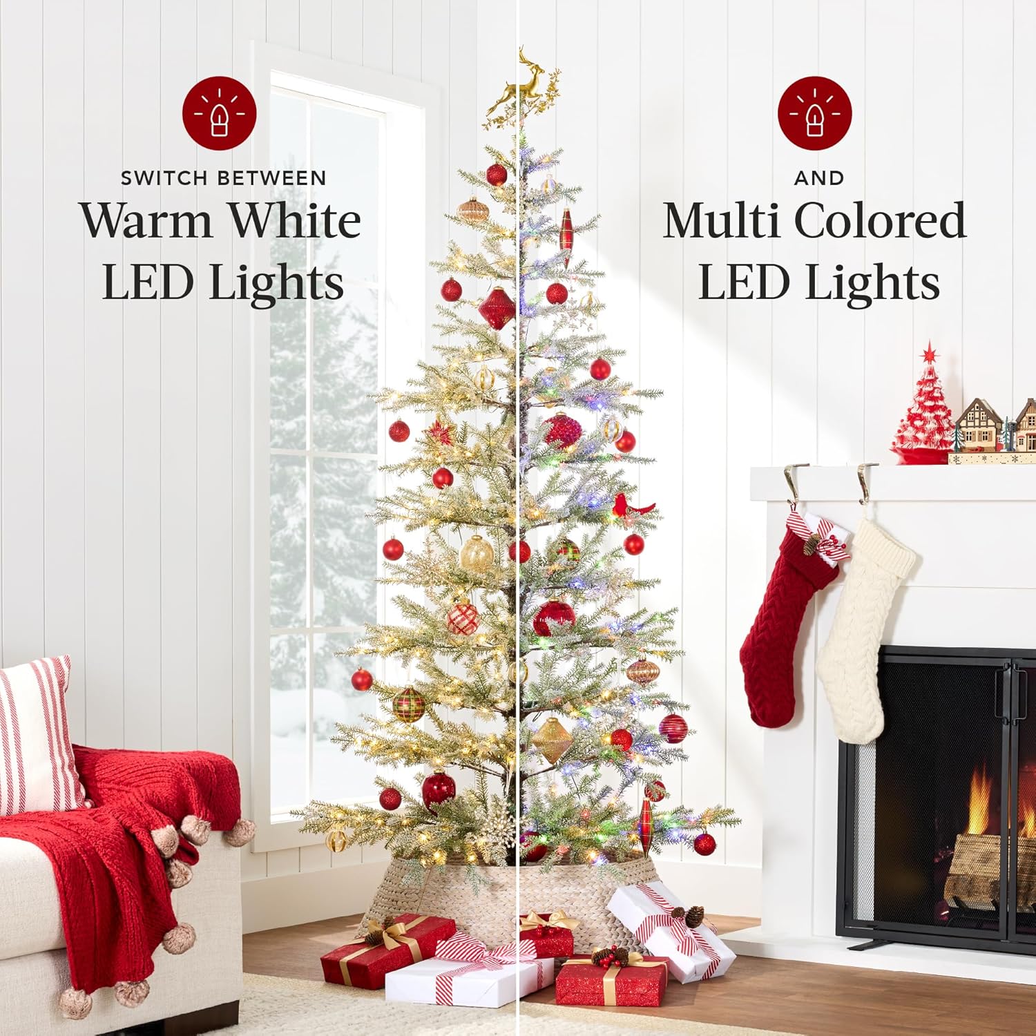 Best Choice Products Pre-Lit Sparse Christmas Tree 6ft Artificial Flocked Pine Holiday Décor Aspen Noble Fir White & Multicolor LED Lights- Green