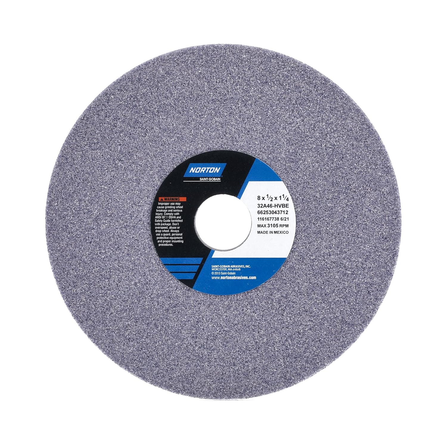Norton 8" Dia. 1/2" Thick 1-1/4" Hole Size 46 Grit 32A Aluminum Oxide H Hardness Type 1 Surface Grinding Wheel