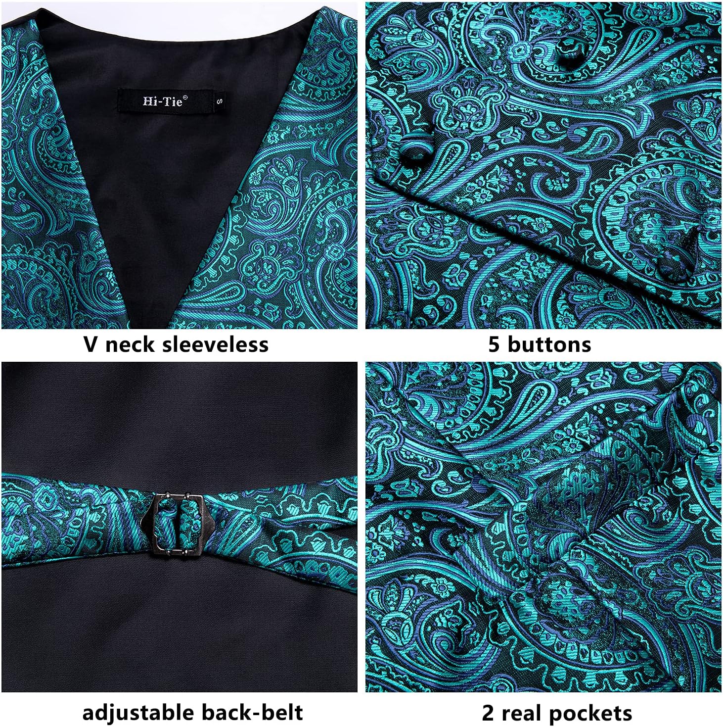 Hi-Tie Men's Silk Slim Fit Suit Vest Necktie Pocket Square Cufflinks Set Tuxedo Waistcoat for Wedding Party Business - Image 5