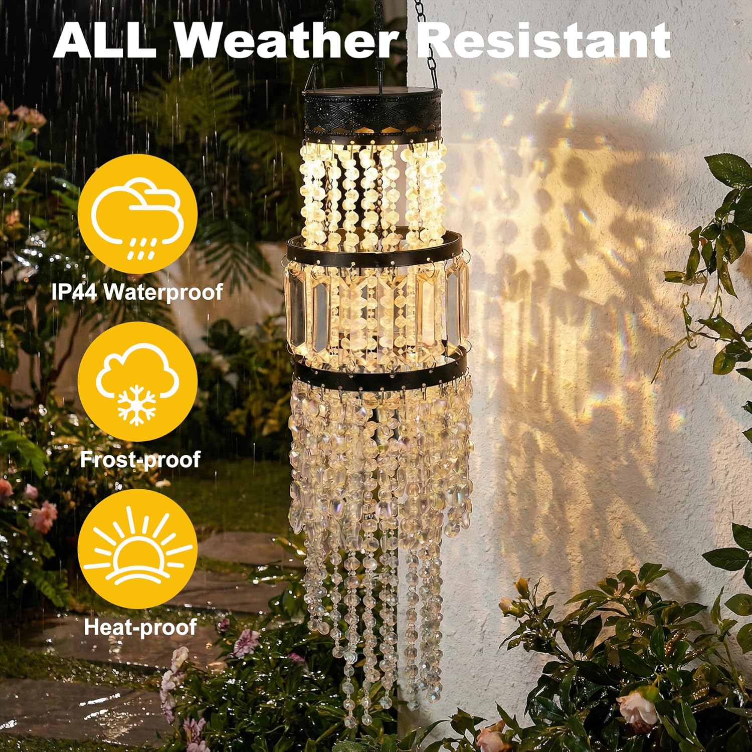 Hanging Solar Lantern Outdoor Chandelier, Waterproof Solar Pendant Light with Modern Crystal Acrylic Beads, Warm White LED S Hook Decorative Garden Lights for Gazebo, Patio, Yard, Party, Wedding Decor