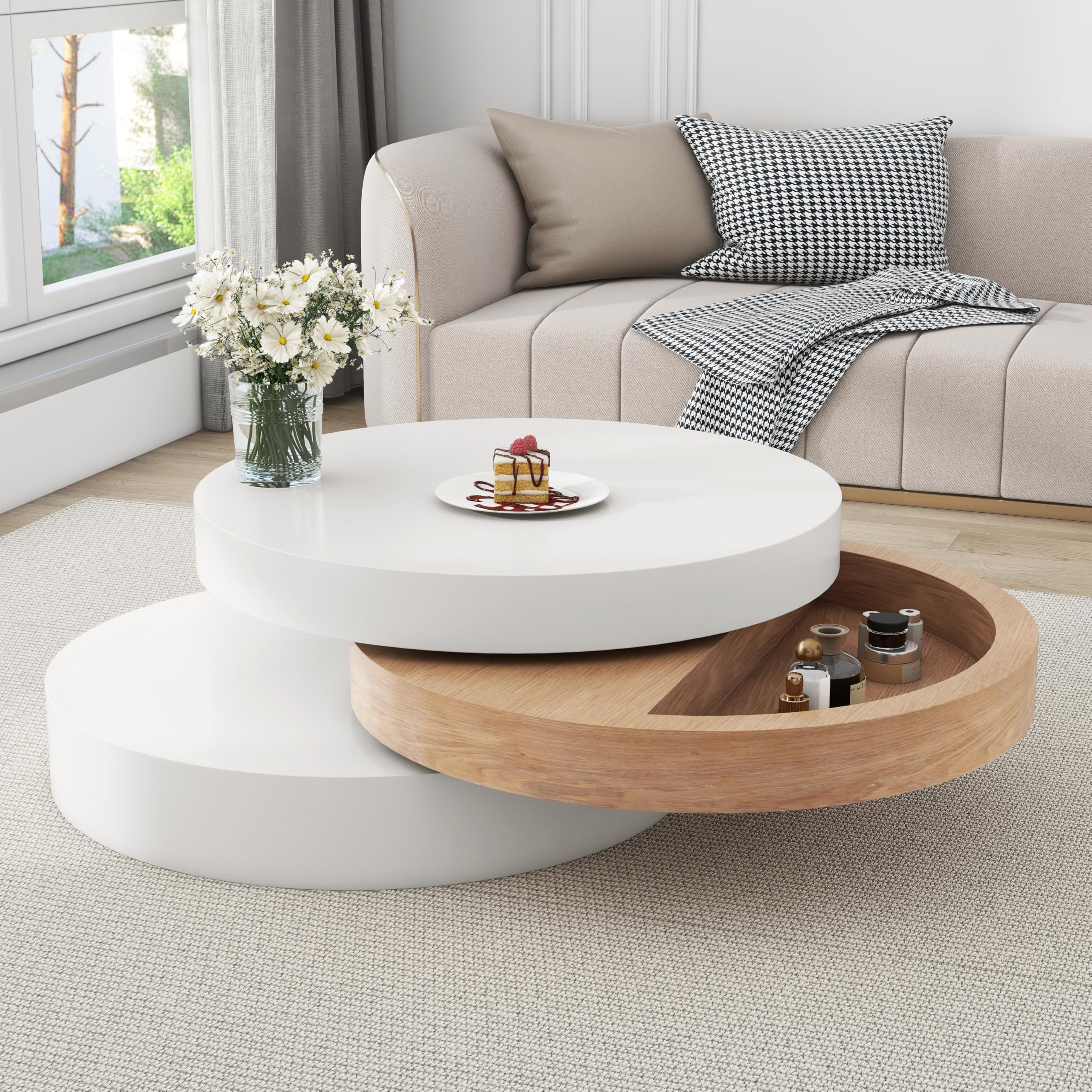 SUKY Mesa de centro cilíndrica, mesa superior giratoria 360°, mesa de salón, mesa de sofá de tres niveles, 3 estantes, capacidad de carga 30 kg, madera de sauce con espacio de almacenamiento, color