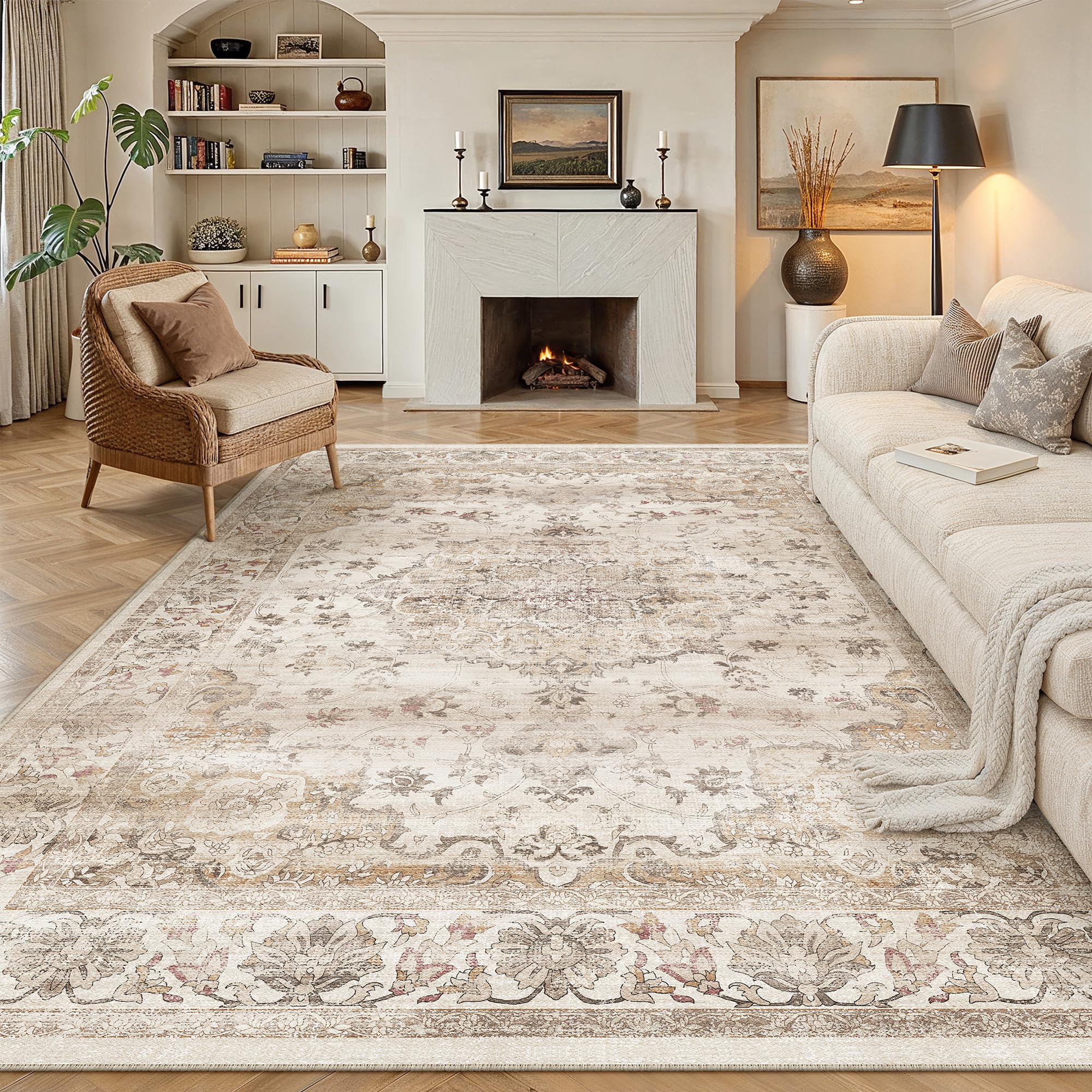 PureCozy Beige Living Room Area Rug, 200x300cm Machine Washable Non Slip Vintage Traditional Large Cream Rugs for Bedroom Dining Room Office, Stain Resistant Printed Carpet for Indoor Home Decor — image 1