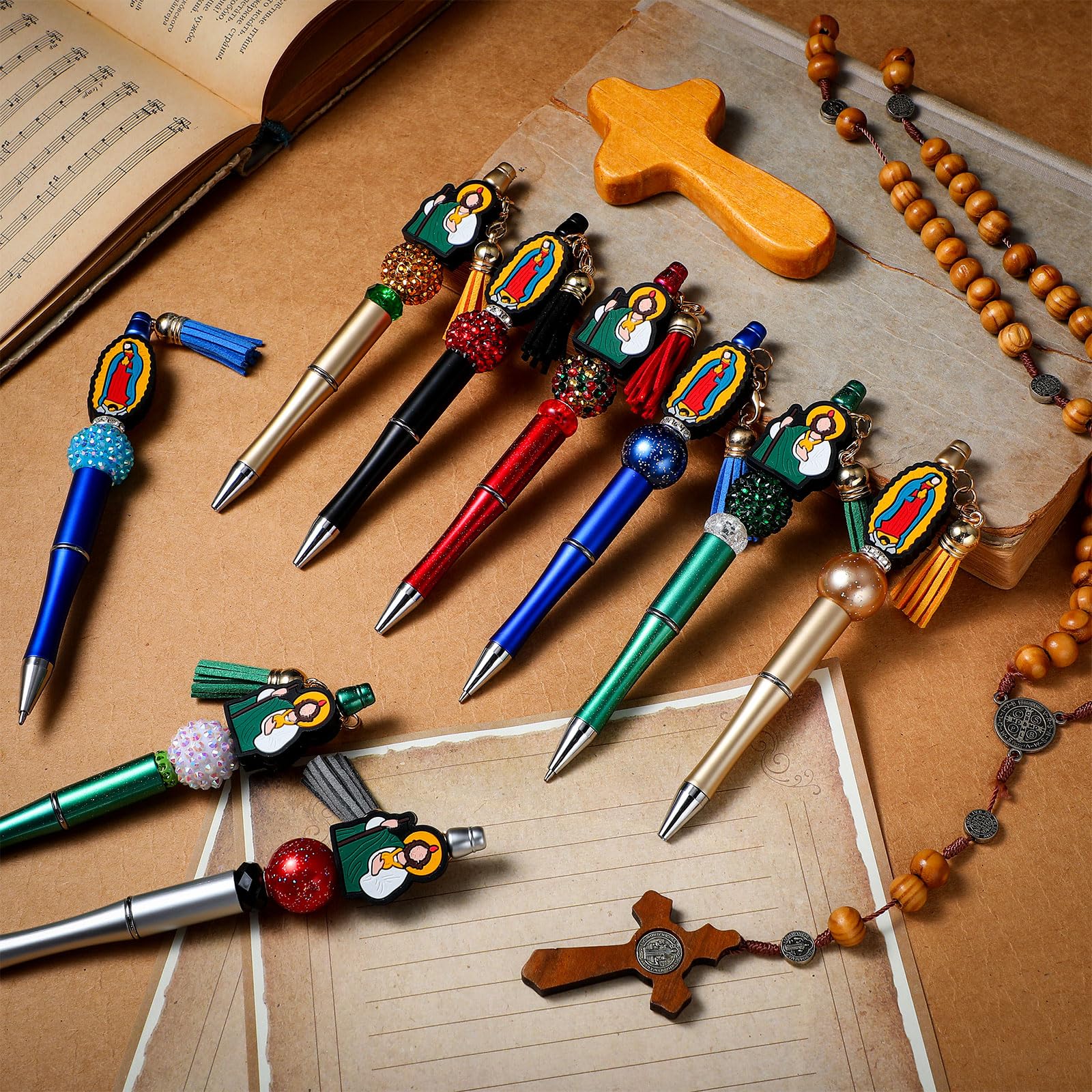 Colarr 12 Sets Jesus Beadable Pens Bulk with Colorful Tassels Clasps and Beaded DIY Religious Pen Making Kit — view 2