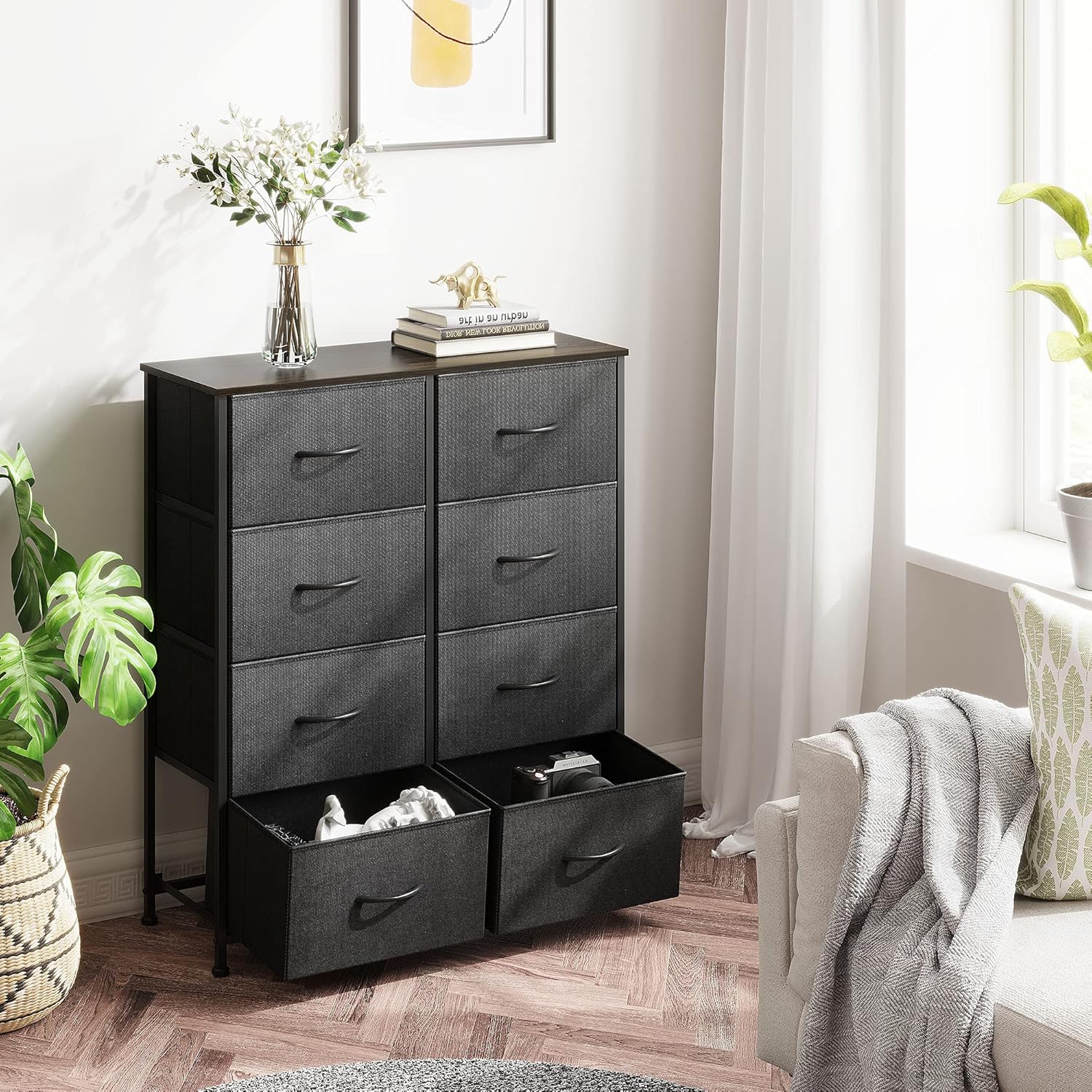 WLIVE Fabric Dresser with 8 Drawers, Storage Chest for Bedroom, Hallway, Nursery, Entryway, Closets, Metal Frame, Wood Top, Easy Pull Handle, Textured Print Drawers, Charcoal Black : Home & Kitchen