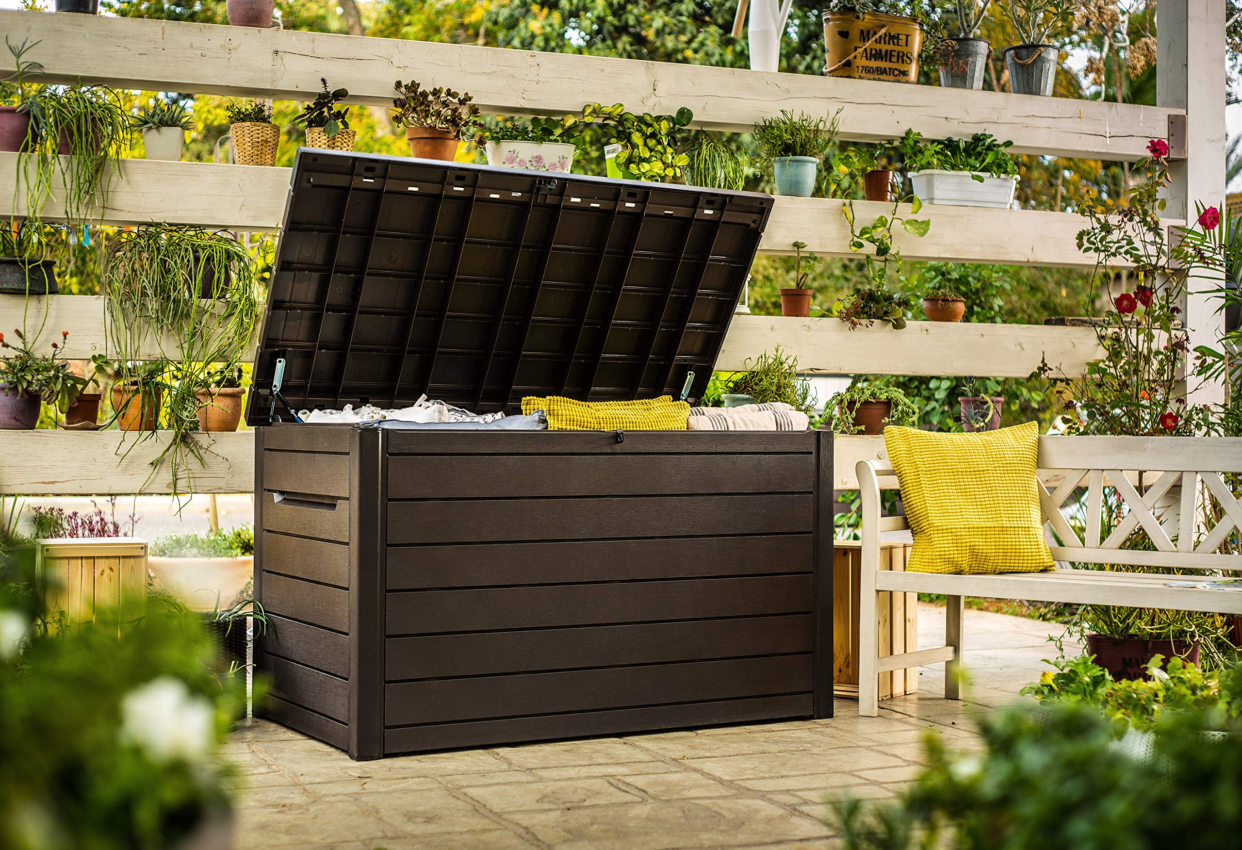 Keter Ontario - Arcón exterior, Baúl almacenaje, Capacidad 870L, Resina, Color Marrón, Ordenación jardín y terraza, 147 x 83 x 86 cm