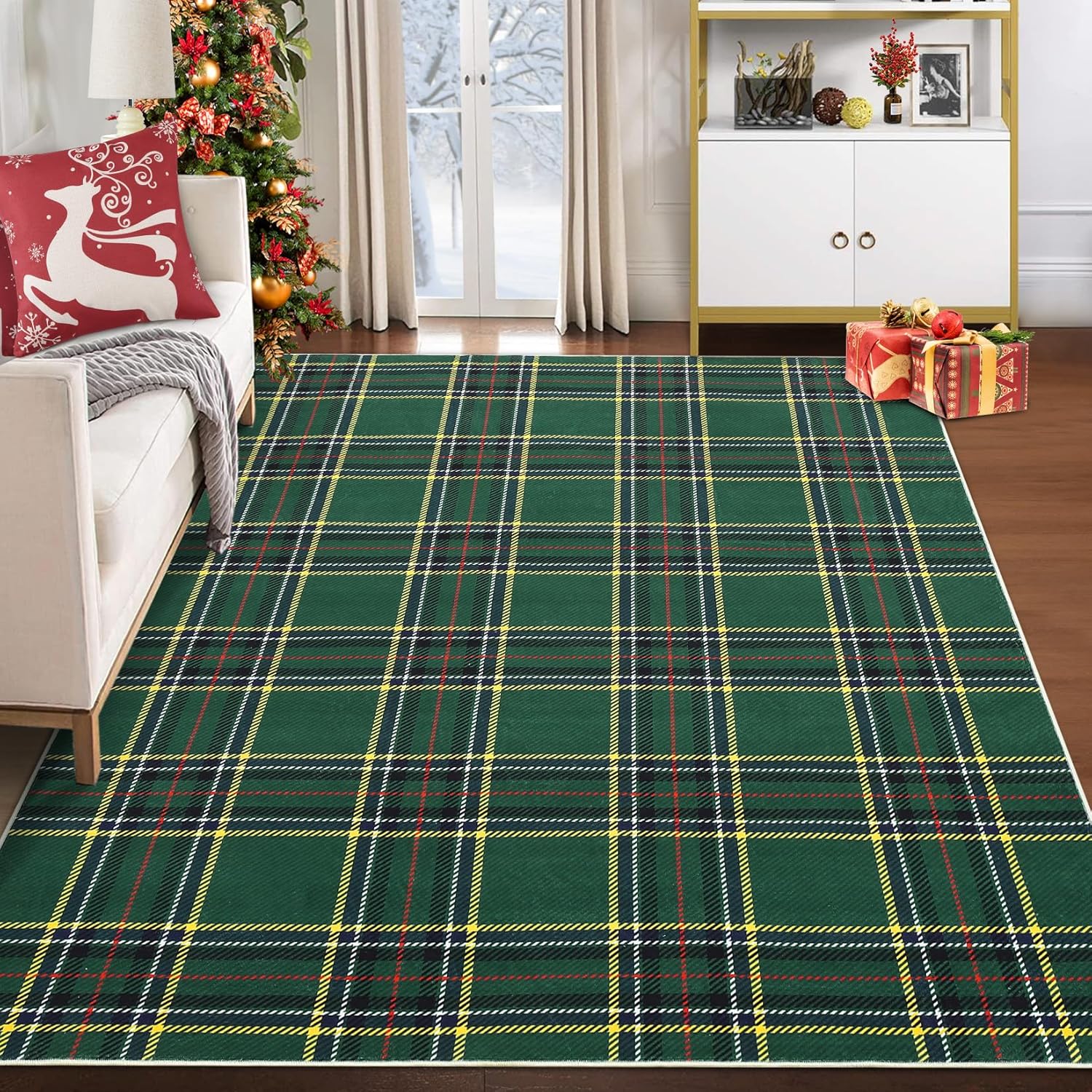 8x10 Christmas Area Rug Xmas Buffalo Plaid Machine Washable Carpet Rug Holiday Decorative Gingham Check Floor Cover Non Slip Stain Resistant Accent Rug for Living Room Decor, Green Green 8 x 10 Feet
