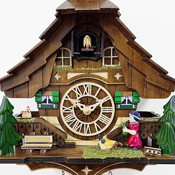 Cuckoo Clocks for Wall, Handcrafted Black Forest Chalet, Quartz | Solid wood; Hourly chime; 12 Melodies; Night mode; Volume control; Battery operated; Great gift; 10.3x22.5 inch