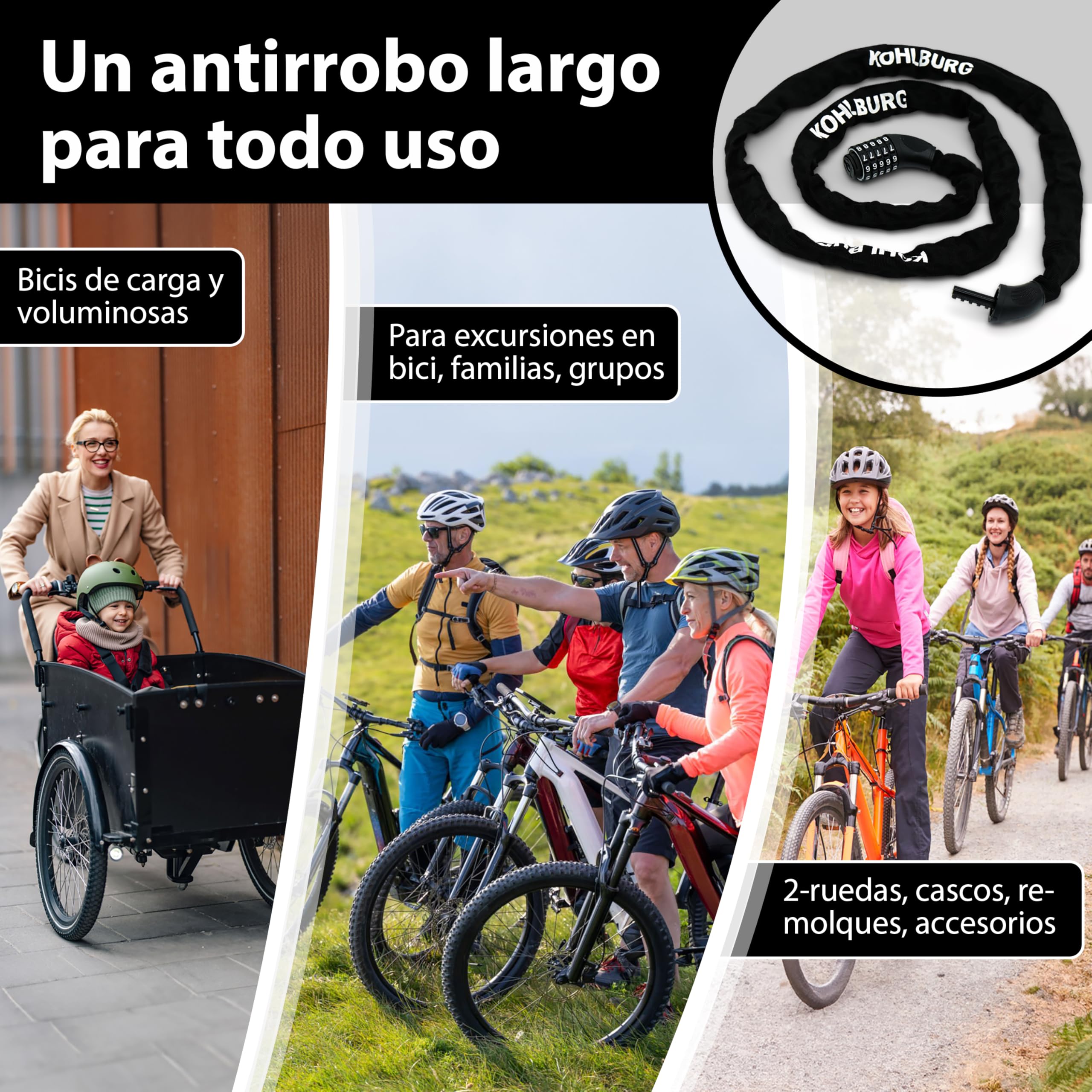 KOHLBURG Candado de combinación 200 cm, en acero especial de 6 mm, Antirrobo de bici de 2 m con código numérico, Antirrobo de cadena extra largo de 200cm, combinación numérica para e‑bike, e‑scooter