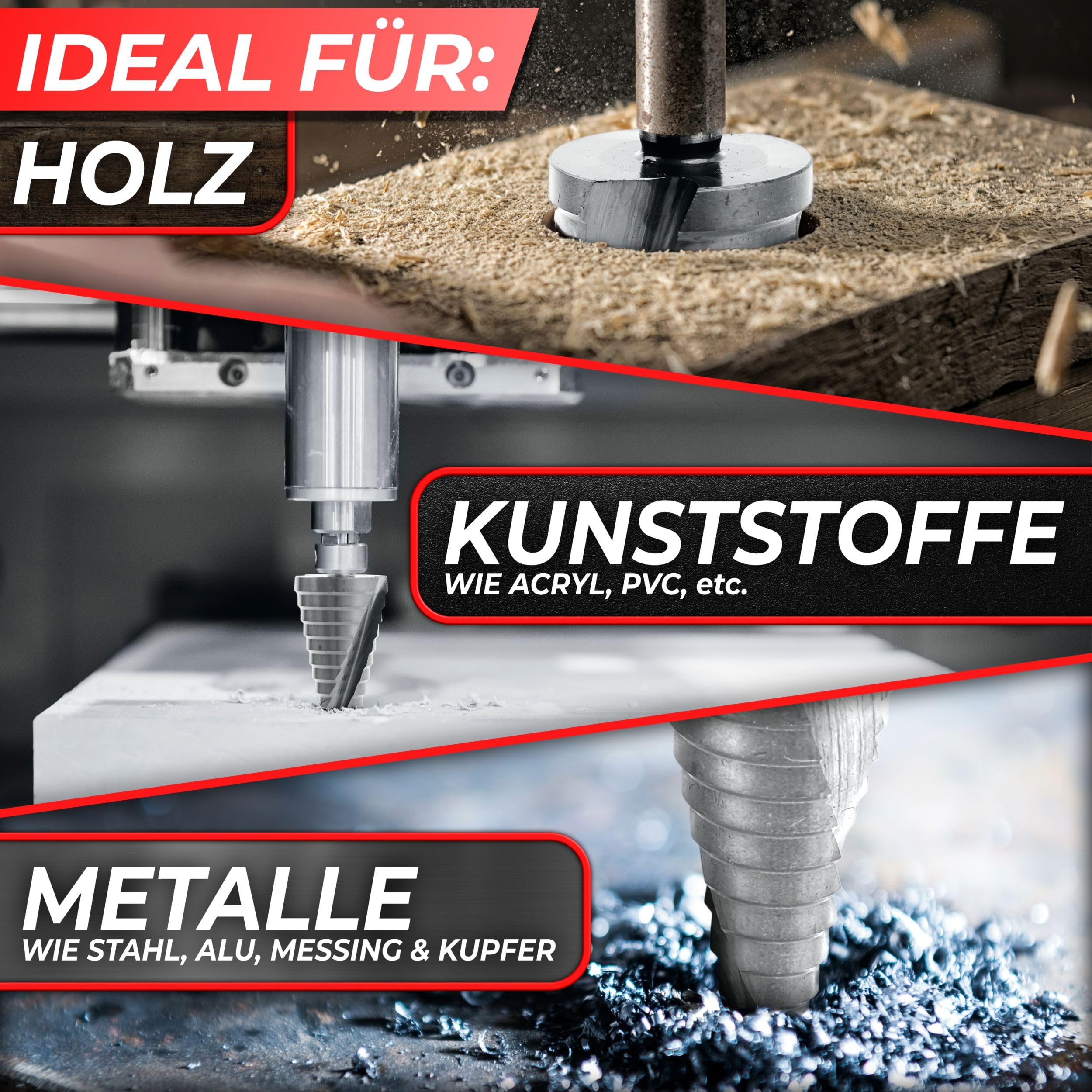 Woltersberger® HSS Stufenbohrer con albero da 10mm | Trapano conico Ø 4-32mm a spirale | HSS Stufenbohrer con 15 livelli adatto per molti portapunta | Ideale per metallo, legno, alluminio, ottone