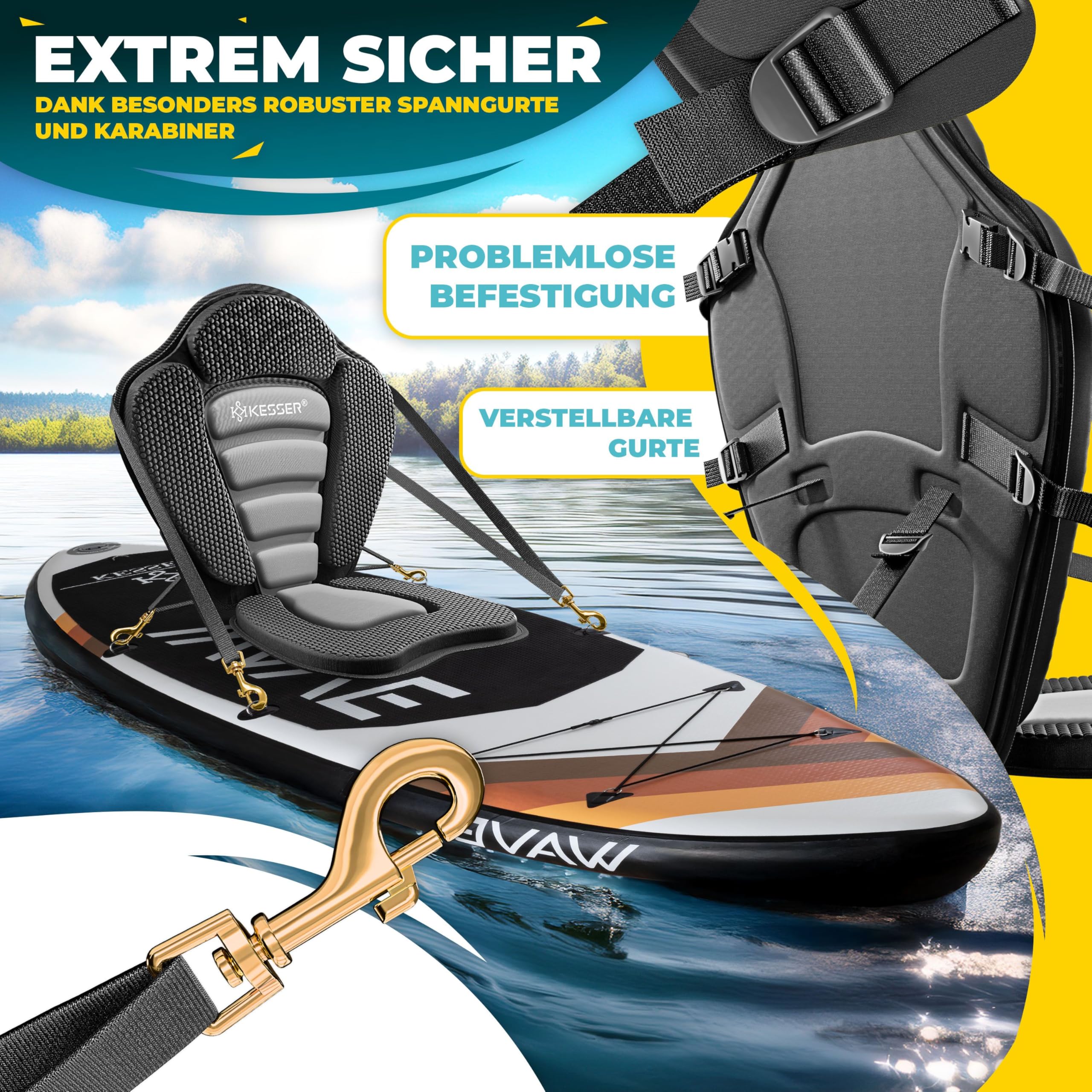 KESSER® Siège de Kayak pour Sup Board Stand Up Paddle Siège de Surf, siège rembourré pour Paddle, Paddle, siège rembourré 32 x 38 cm, Dossier 51 x 45 cm, Montage Rapide et Facile