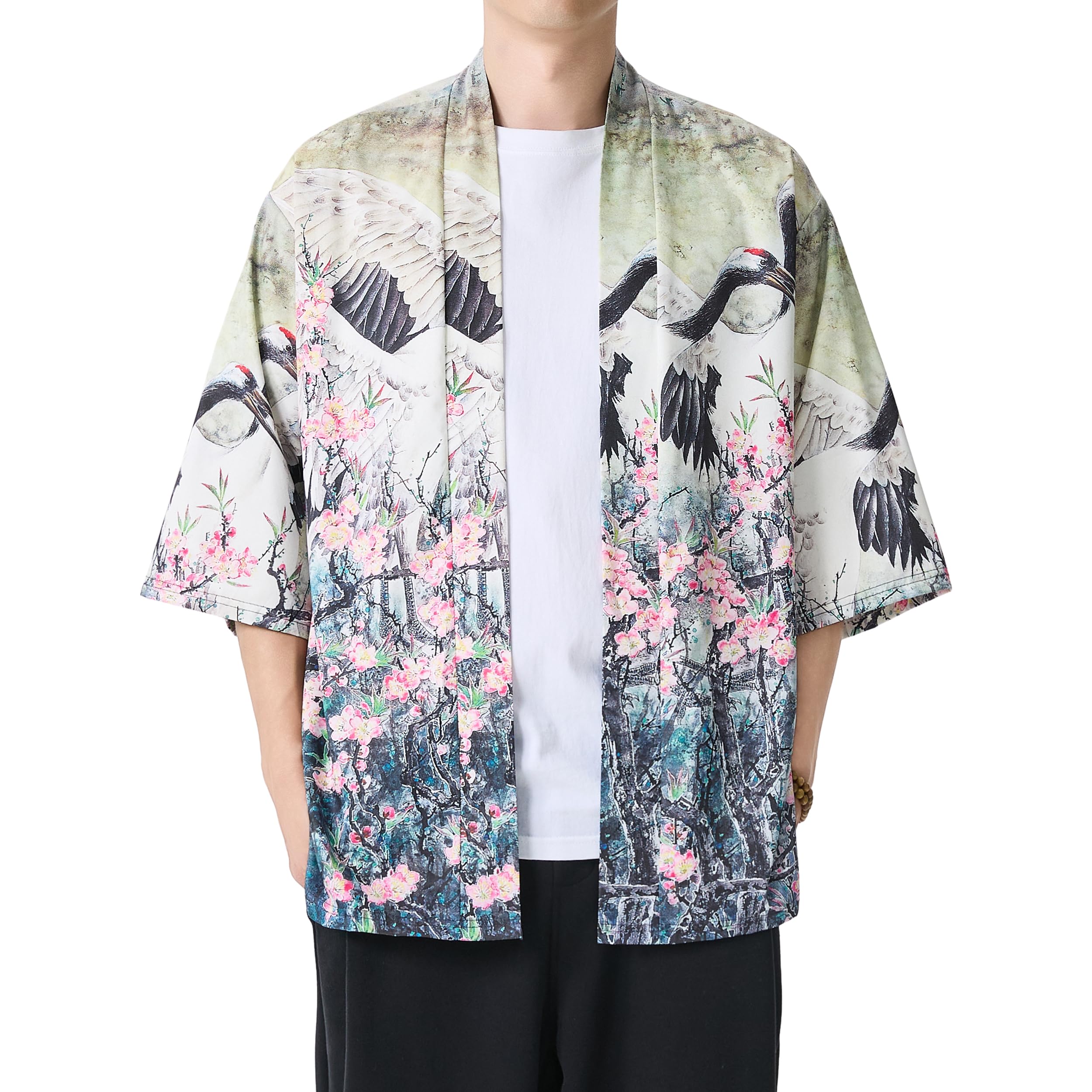 PRIJOUHE Men's Lightweight Kimono Jacket Seven Sleeve Open Front Cardigan Coat Japanese Style Bathrobe
