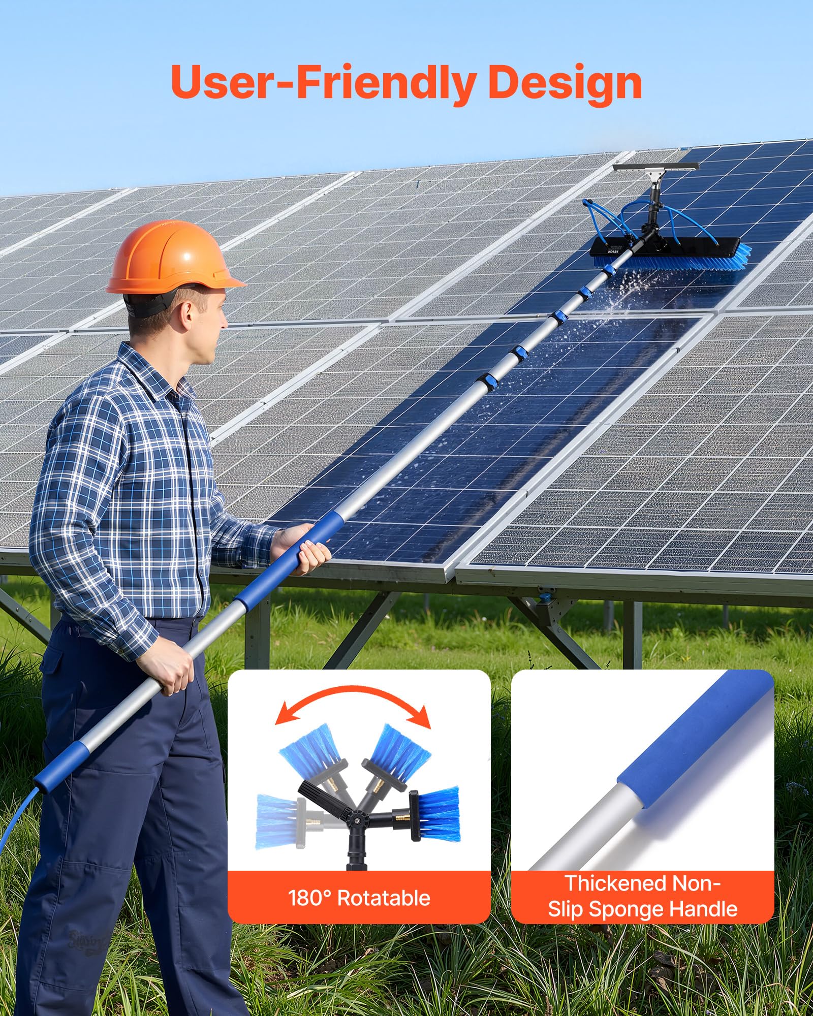 VEVOR Kit di Pulizia per Pannelli Fotovoltaici, 10 m, Spazzola 2 in 1 con Asta Telescopica in Alluminio per Lavaggio di Pannelli Solari, con Tergivetro, Dispenser di Sapone, Testa Ruotabile a 180°