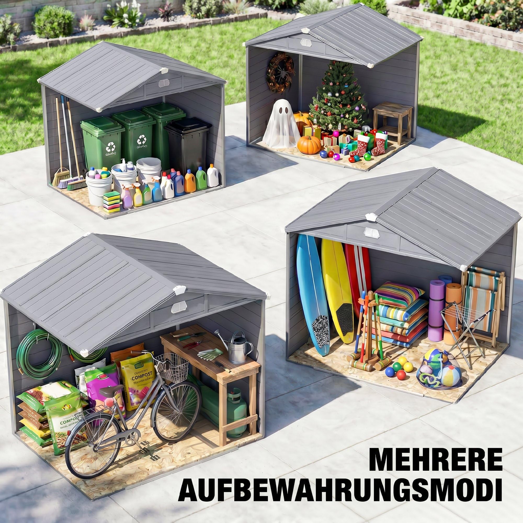 Outsunny Gerätehaus 4,1 m³, Gartenhaus mit Pultdach, 240 x 190 x 180/228 cm, Schütschuppen mit Abschließbar Tür, Fenster, Fahrradgark aus Aluminium, für Hinterhof, Garten, Grau