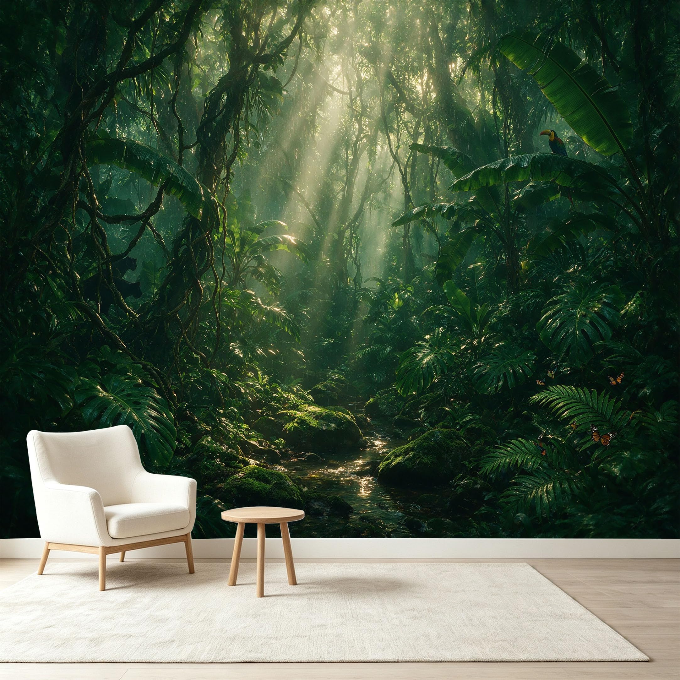 Custom Size Wall Murals Tropical Jungle Rainforest Sunbeams Botanical 3D Self-Adhesive Wall Fabric Removable Wallpaper Wall Decor for Living Room Bedroom Bathroom