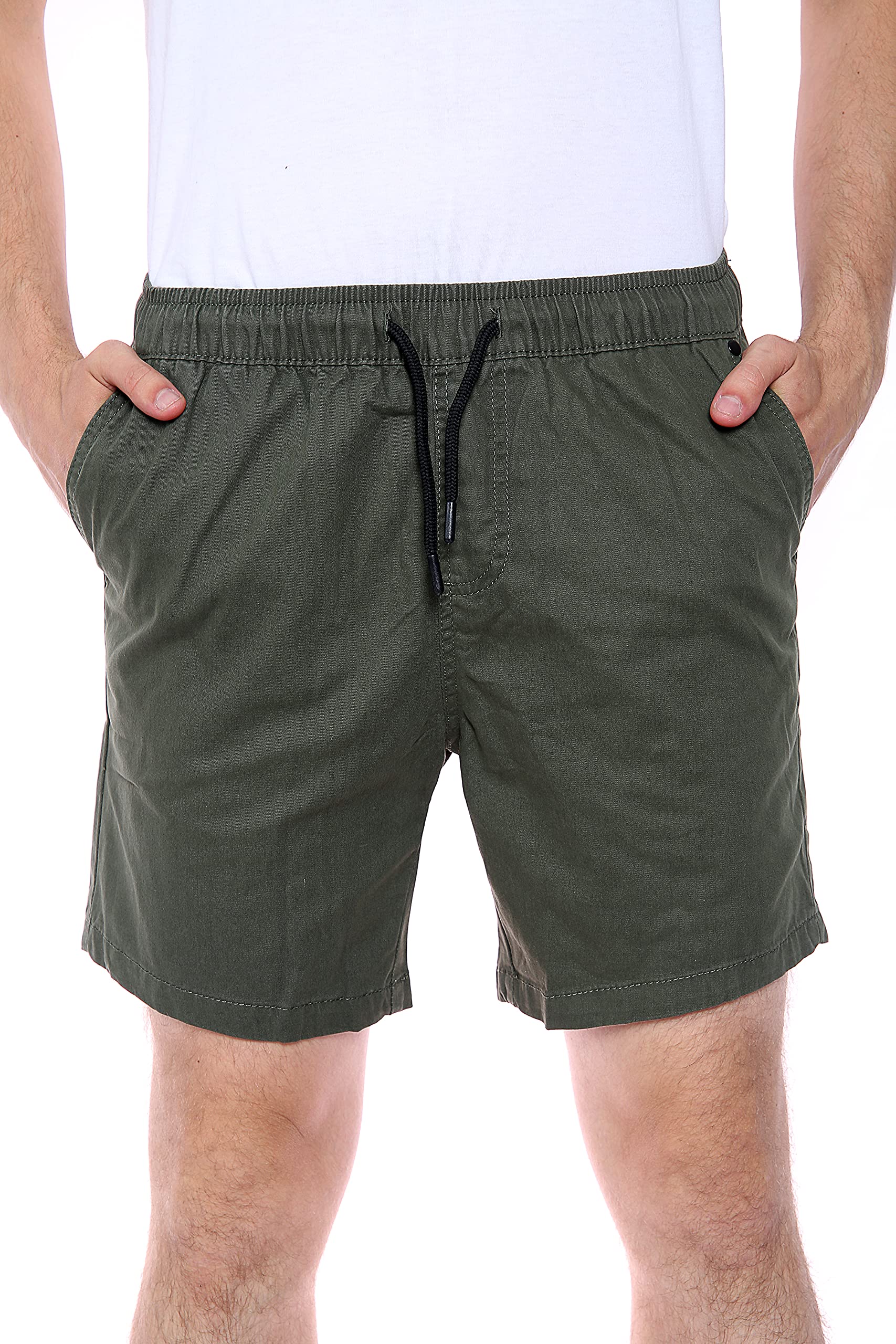 NOROZE Mens Shorts Elasticated Waist - Classic Fit Twill Cotton Men’s Casual Summer Chino Sports Short with Pockets & Drawstrings Waistband - Suitable for Work, Walk & Golf (Waist 30-40) Olive