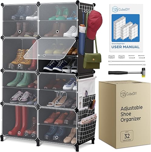 Organizador de Zapatos Armario Hasta 32 Pares, Zapatero Cubierto con Puerta Transparente (Transparente, Plástico, Apilable) Organizador de Zapatos