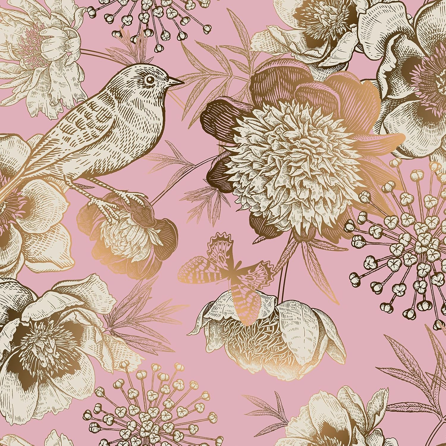 VEELIKE Gold Bird Wallpaper Vintage Butterflies Penoies Wall Mural Self Adhesive Luxury Pink Floral Wallpaper for Girls Bedroom Bathroom 17.7''x118'' Removable Pink Contact Paper for Cabinets Drawers