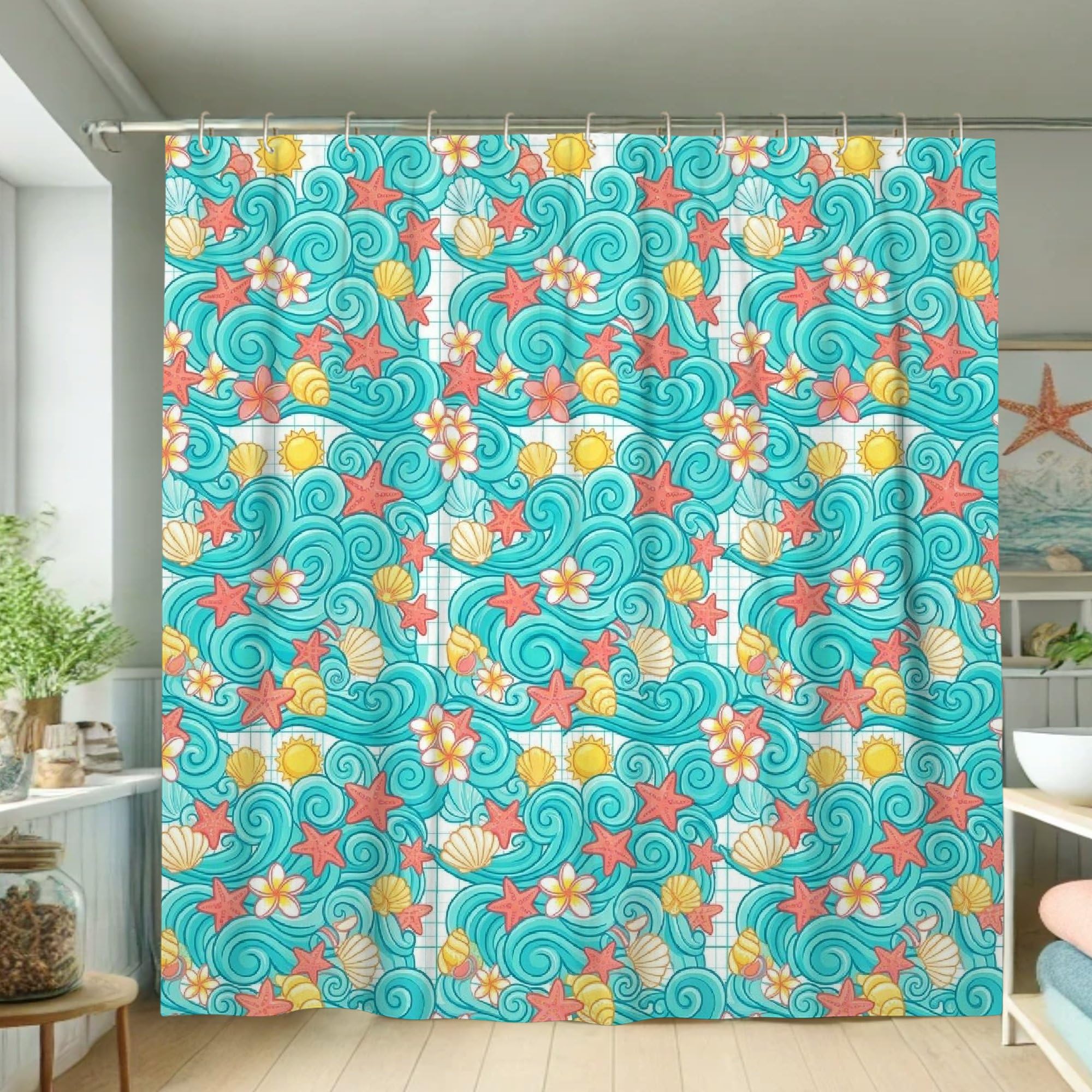 Rideau de douche toile imperméable turquoise 183x183 motif coquillages et vagues