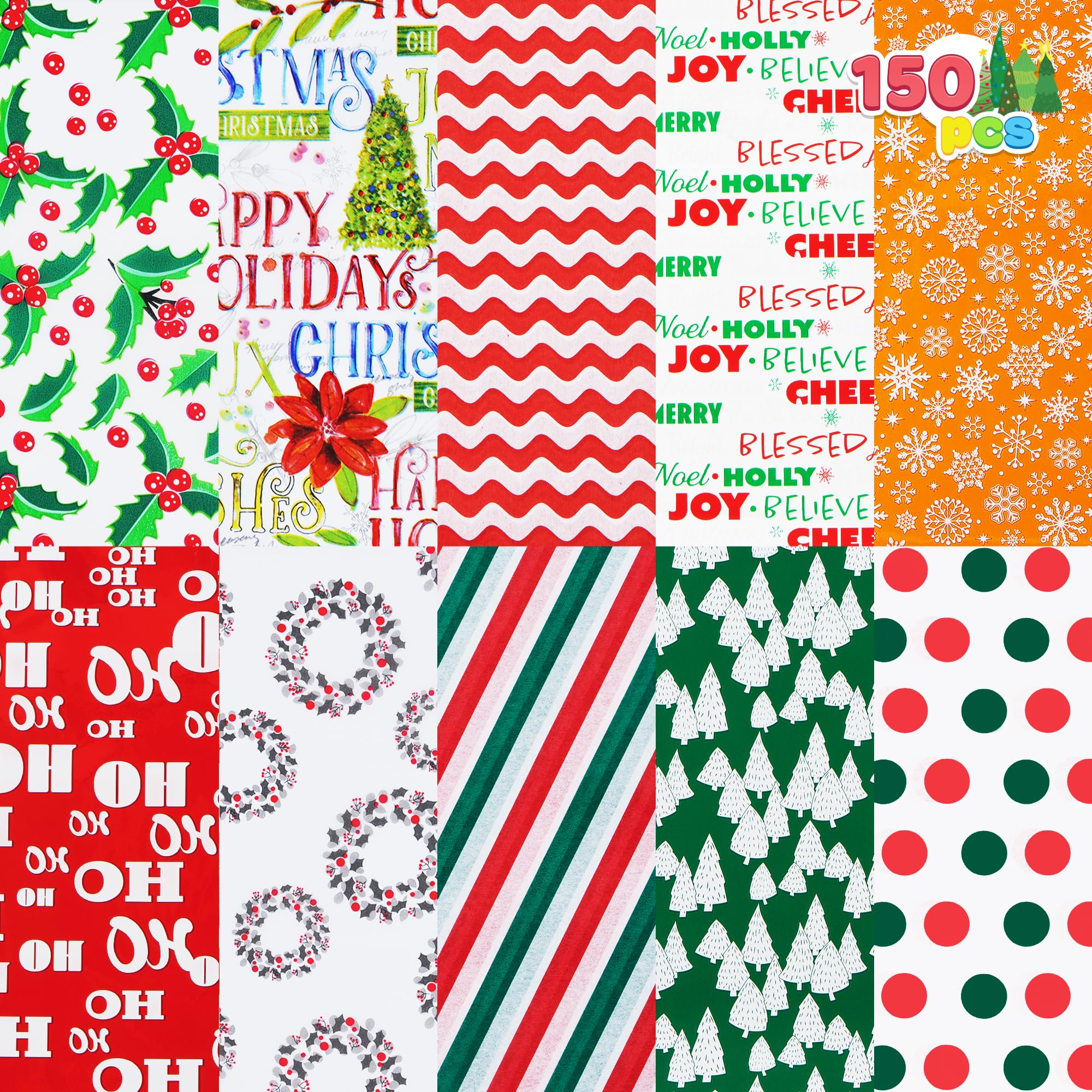 JOYIN Holiday Seidenpapier-Sortiment (zehn Farben), 150-teiliges Set, weihnachtliches Design, solide, holografische und Bedruckte Geschenkpapier-Sortiment (50,8 x 50,8 cm)