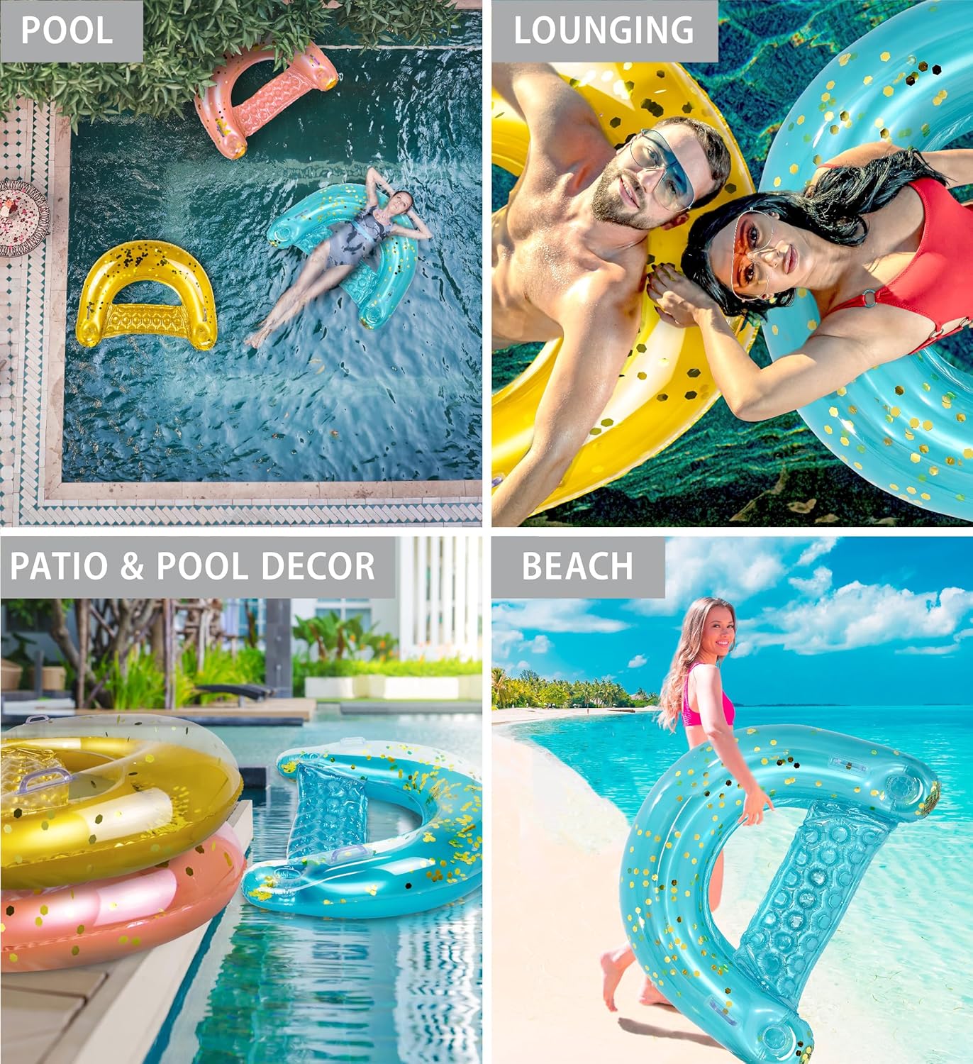 POZA Inflatable Pool Float Chair - Luxurious Lounger Filled with Sparkle Confetti, 2 Built in Cup Holders & Handles, Water Floating Chair for Beach, Lake & Swimming Pool - 48 x 38 Inch