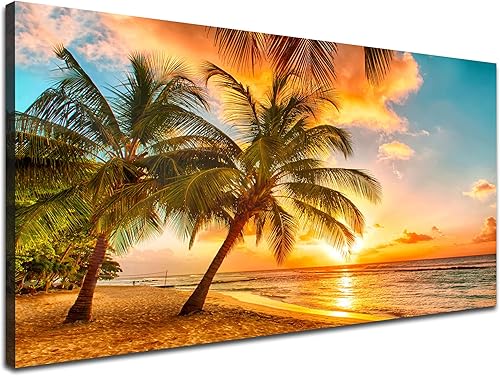 EPHANY Arte de pared con palmera de playa y océano dorado, 1 pieza de arte de pared en lienzo estirado y enmarcado, listo para colgar (F-1 unidad,