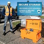 JET Jobsite Storage Box - Super Heavy Duty Steel Tool Box, Welded Piano Hinge, Cord Pass-Through for Charging, Gas Springs, Recessed Lock Housing - Hi Vis Orange