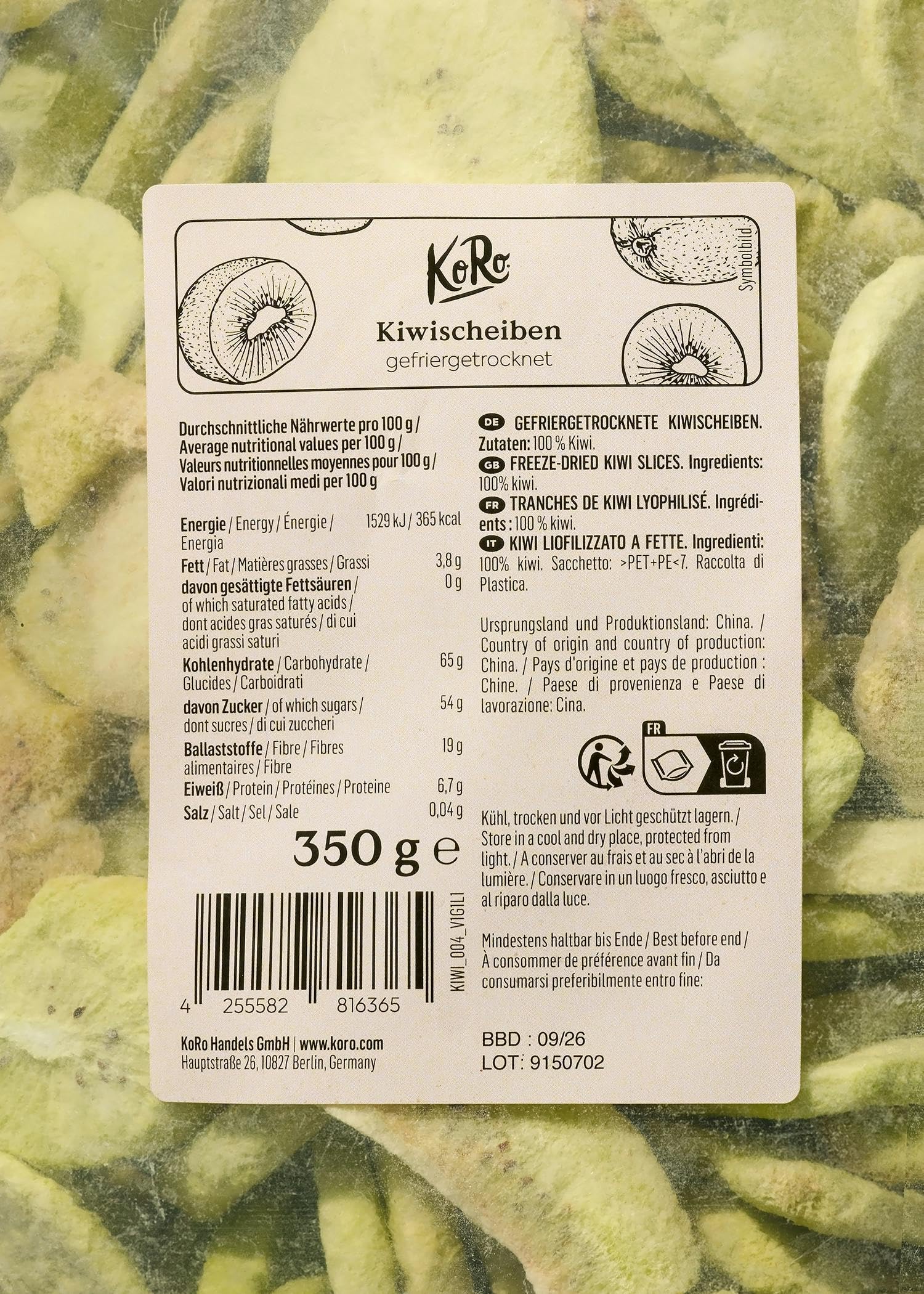 KoRo - Kiwi liofilizzati a fette 350 g - 100% kiwi - Alto contenuto di fibre - Senza additivi