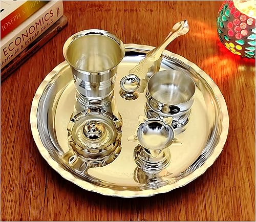 NOBILITY Juego de 8 pulgadas de Subh Labh Pooja Thali chapado en plata para el festival del templo Mandir, étnico, Puja Thali, regalo para Diwali,