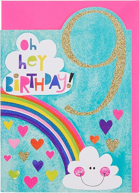 Rachel Ellen Girl Age 9 Today Birthday Card - Rainbow Cloud Hearts