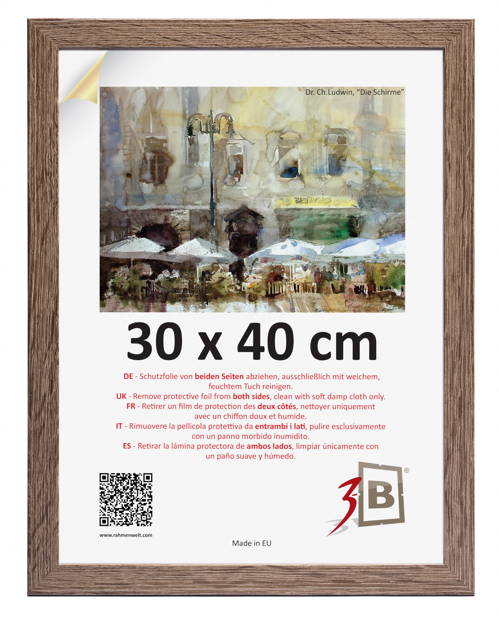 3-B Marco de Foto HIT - marrón oscuro (nogal con veteado óptico) - 30x40 cm - marco para fotos de madera con cristal acrílico