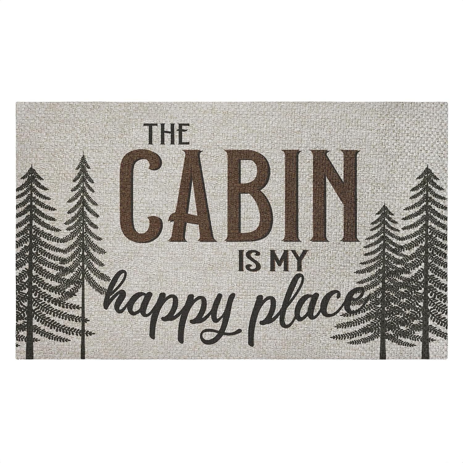 Cabin is My Happy Place Outdoor Door Mat, Durable Non-Slip Woven Natural Texture Mat with Recycled Rubber Backing, Weather-Resistant Rustic Cabin Retreat Design by Kim Allen, 18"x30"