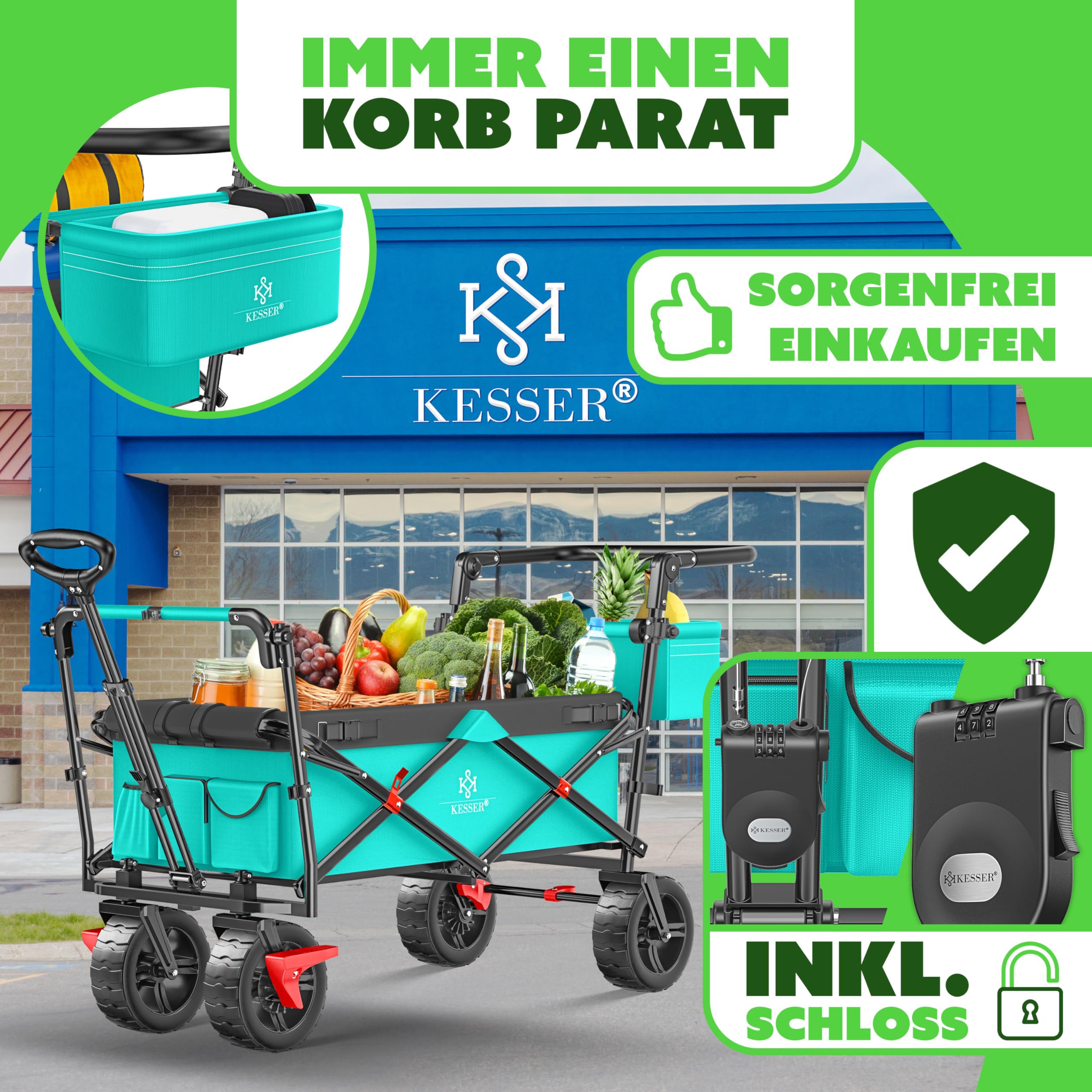 KESSER® Bollerwagen faltbar GT9000 Handwagen mit Dach | Transportwagen max. belastbar bis 150kg mit Hartgummi-Räder & Feststellbremsen (Vorne & Hinten) | Inkl. Schloss, Abdeckung, Wetter & Sichtschutz