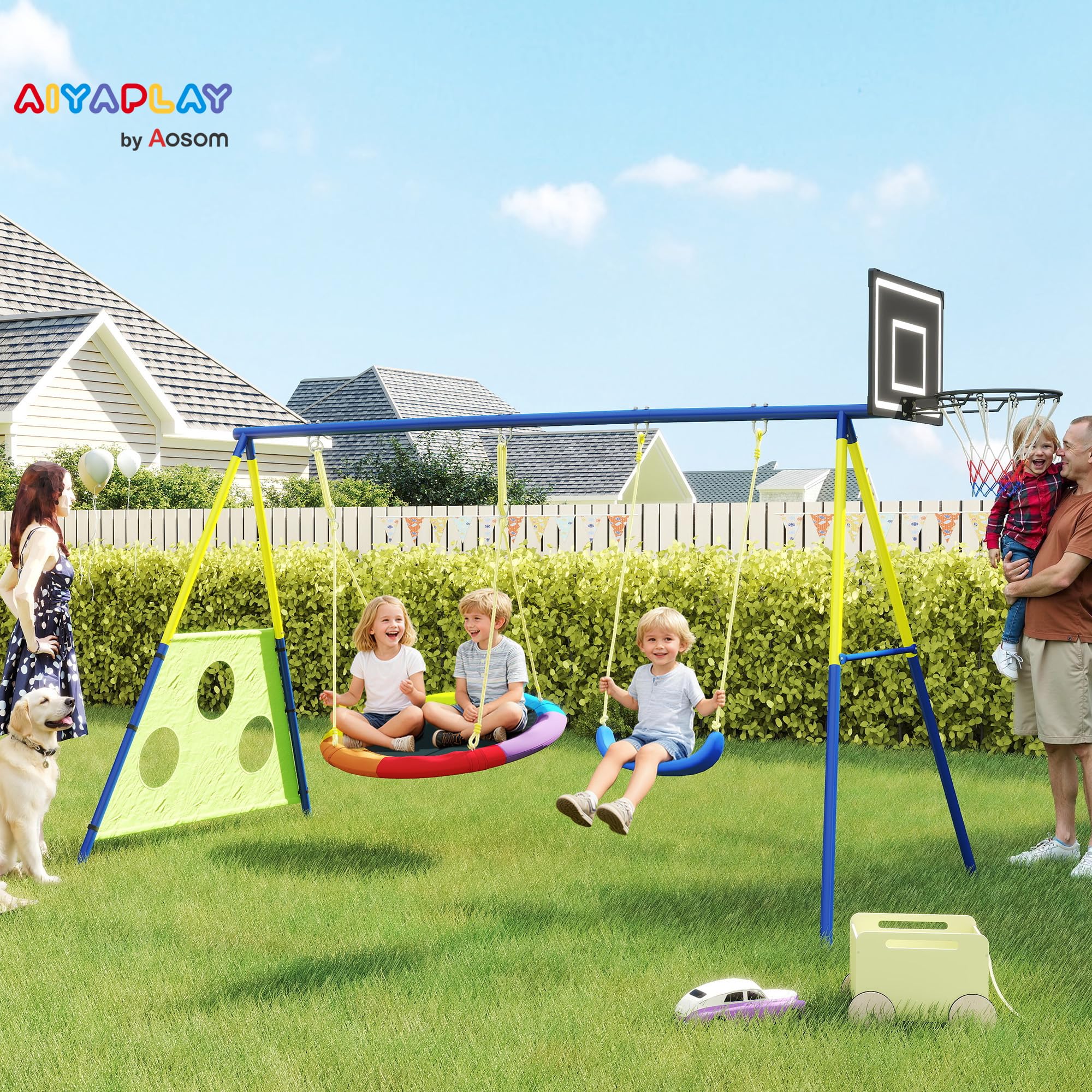 AIYAPLAY Set Altalena da Giardino 4 in 1 per Bambini con 2 Altalene, Canestro da Basket, Porta da Calcio, Supporto ad A in Acciaio, Capacità 150 kg, per Uso Esterno, 3-8 Anni, 288x160x220 cm