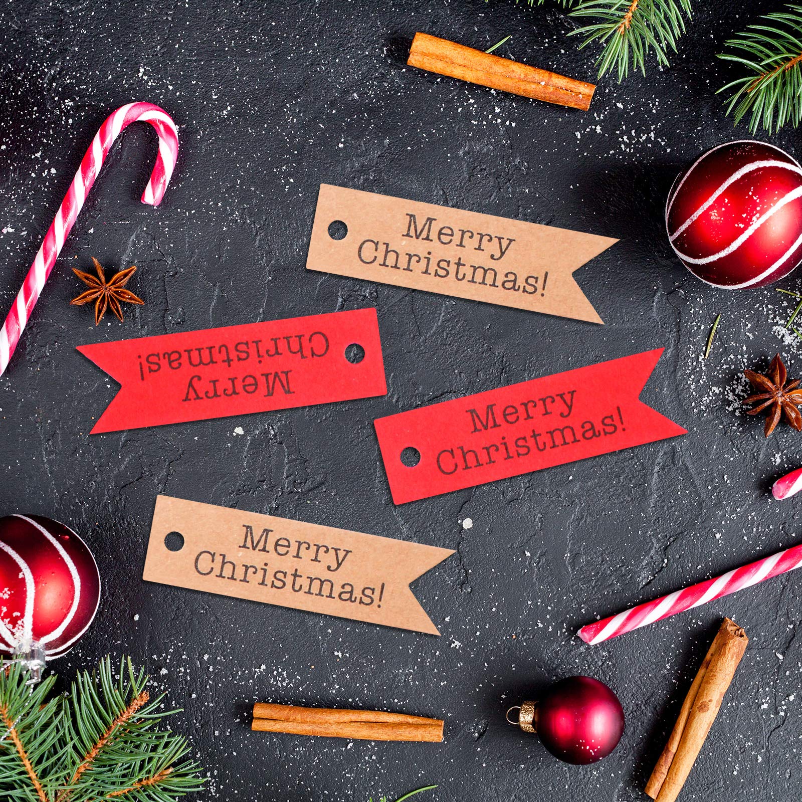 200 Stück Geschenkanhänger mit Aufschrift "Merry Christmas", Mini-Geschenkanhänger, Dekoration, Etiketten mit 180 m Bindfäden für Bastelarbeiten und Partys zu Hause (100 rot + 100 braun).