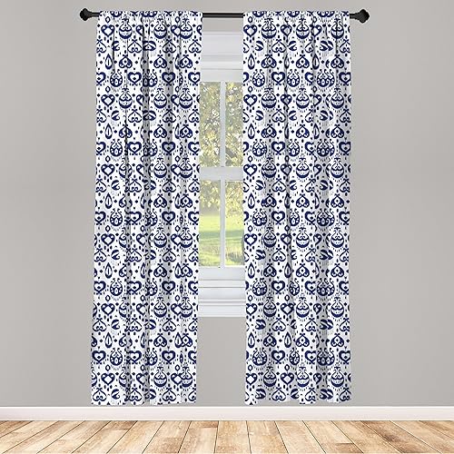 Miniatura 2 de Ambesonne Cortinas de ventana azul marino, patrón tradicional Ikat estilo retro, composición inspirada en damasco, decoración ligera, juego de 2