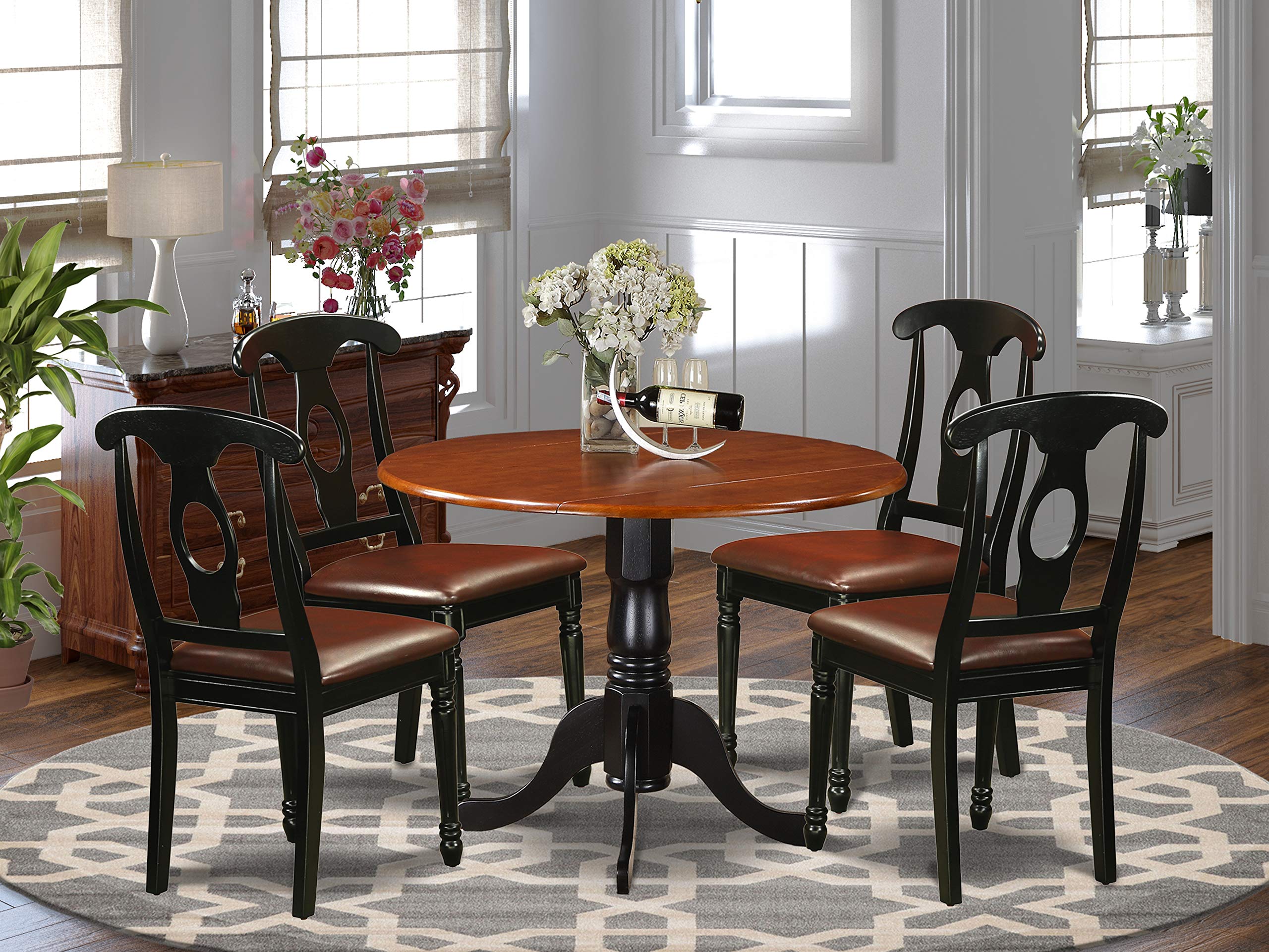 East West FurnitureDLKE5-BCH-LC 5 Piece Dining Table Set for 4 Includes a Round Kitchen Table with Dropleaf and 4 Faux Leather Upholstered Dinette Chairs, 42x42 Inch, Black & Cherry