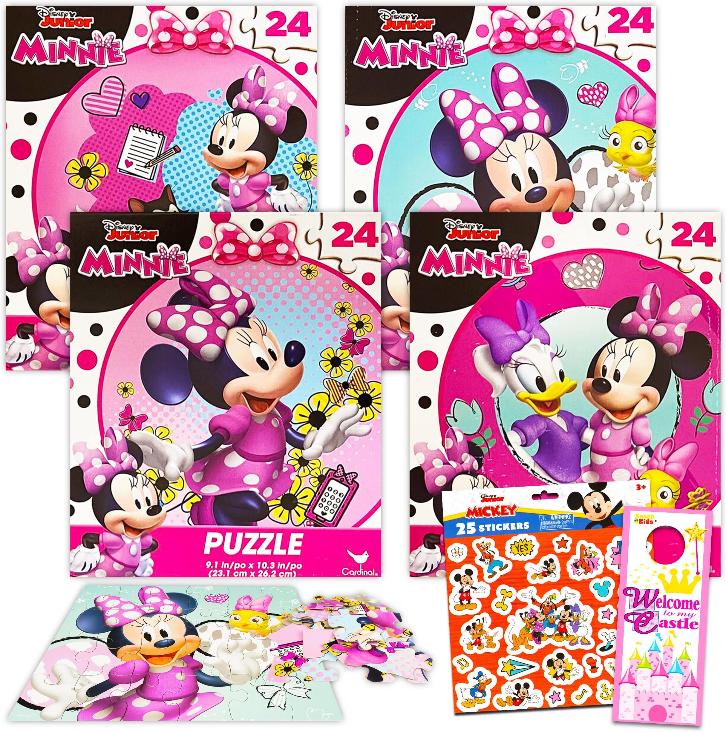 Disney Minnie Mouse Jigsaw Puzzle Bundle - 4 Pack Minnie Mouse Puzzles 24 Piece with Disney Junior Stickers | Minnie Party Favors (Minnie Mouse Games for Kids)