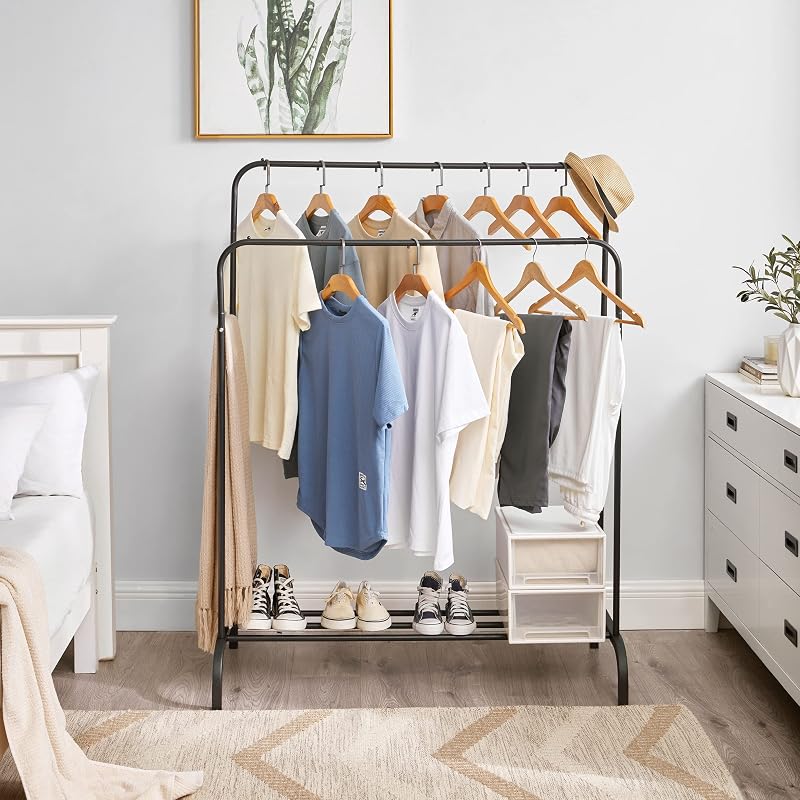 WEASHUME Freestanding Ruhaállvány 2 Rudas Polccal, Fekete Kabátállvány