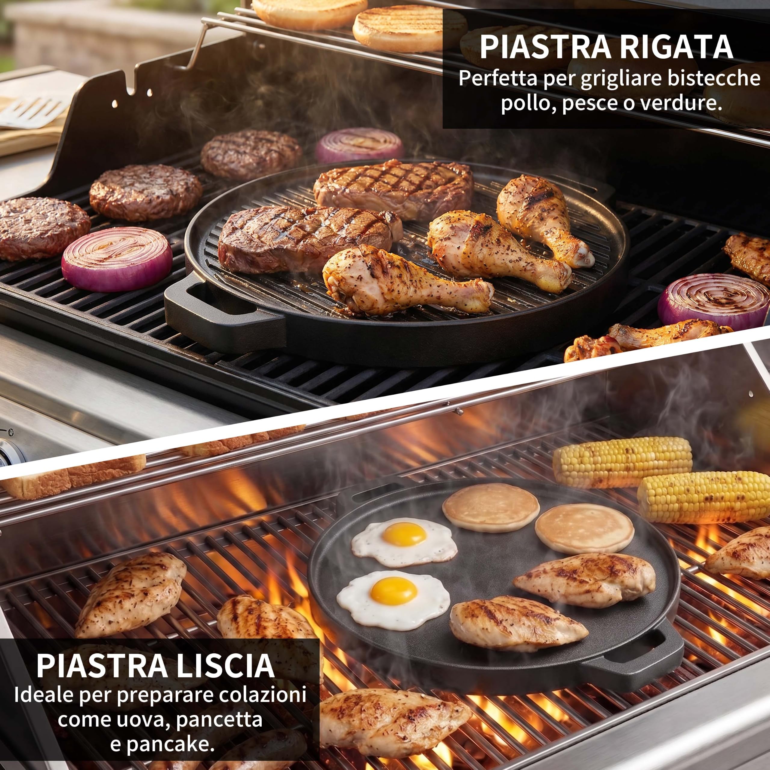 Piastra griglia con Manico per barbecue, Bistecchiera Antiaderente, Piastra Premium in Ghisa da 33 cm per Barbecue a Carbone, Gas e Pellet (Nero)