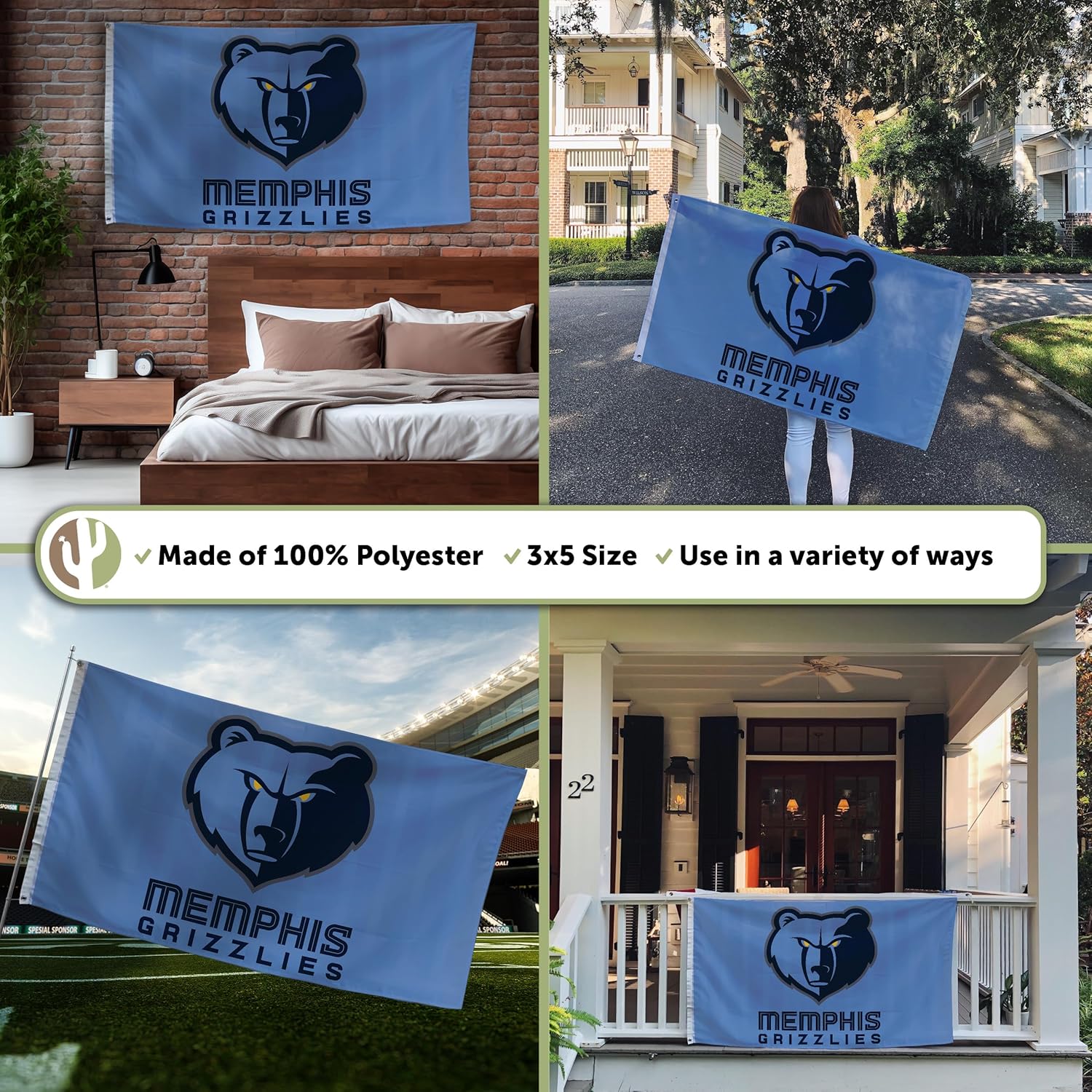 Desert Cactus Memphis Grizzlies Flag NBA 100% Polyester Indoor Outdoor 3x5 feet National Basketball Association Team Flags (Flag #2) - Image 3