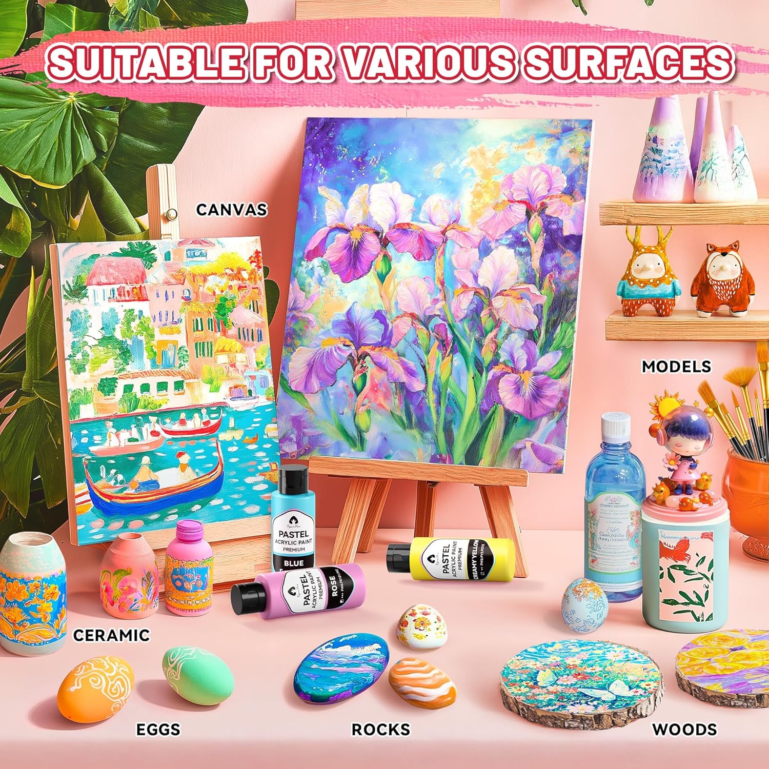 40 Pcs Pastel Acrylic Paint Set with 12 Brushes, 2 Knives & Palette, 24 Colors (2oz/60ml) - for Adults, Artists & Beginners - Canvas Ceramic Rock Wood Egg Painting Kit