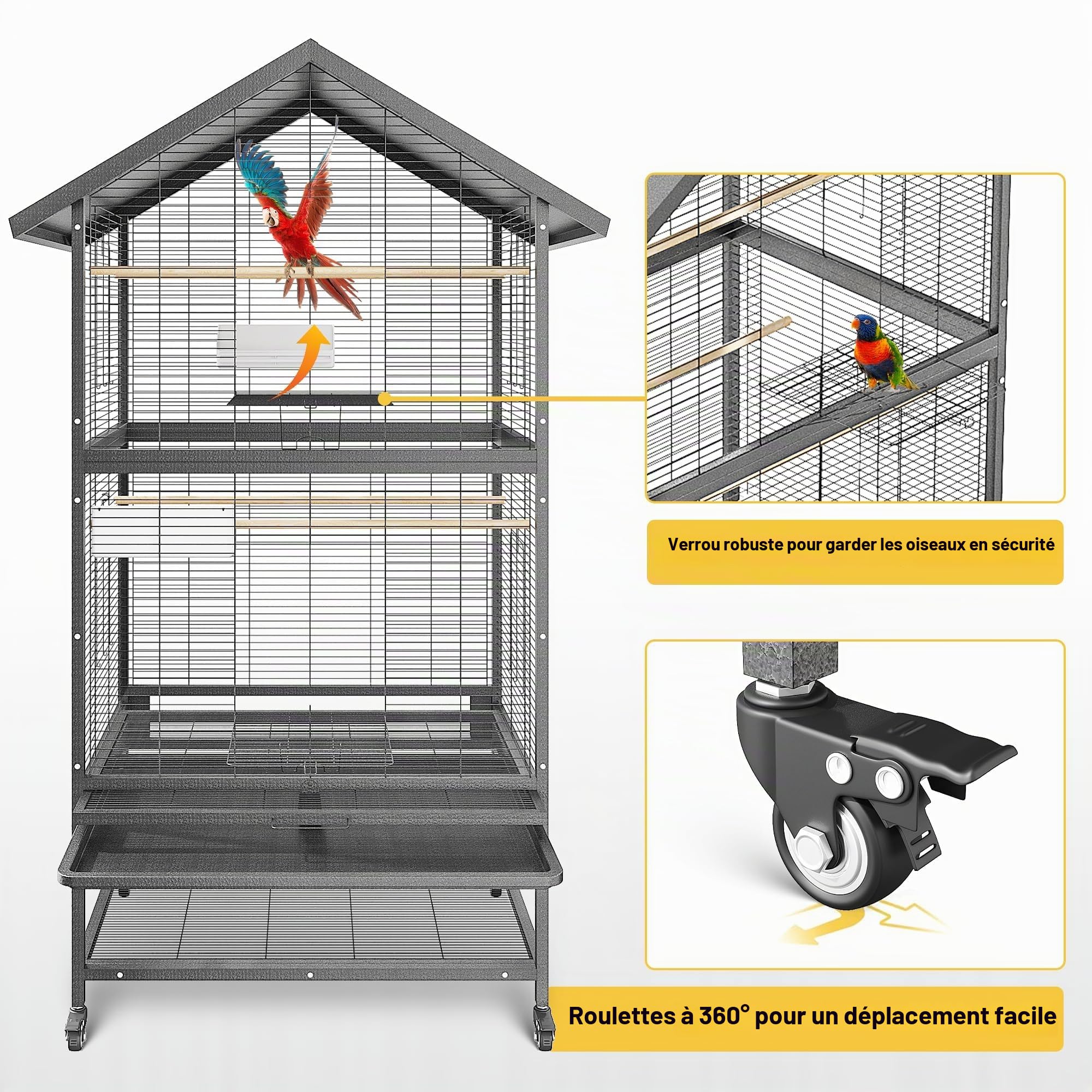 Grande cage à oiseaux en métal de 166 cm avec roues, 4 mangeoires en métal, perchoirs en bois et étagère