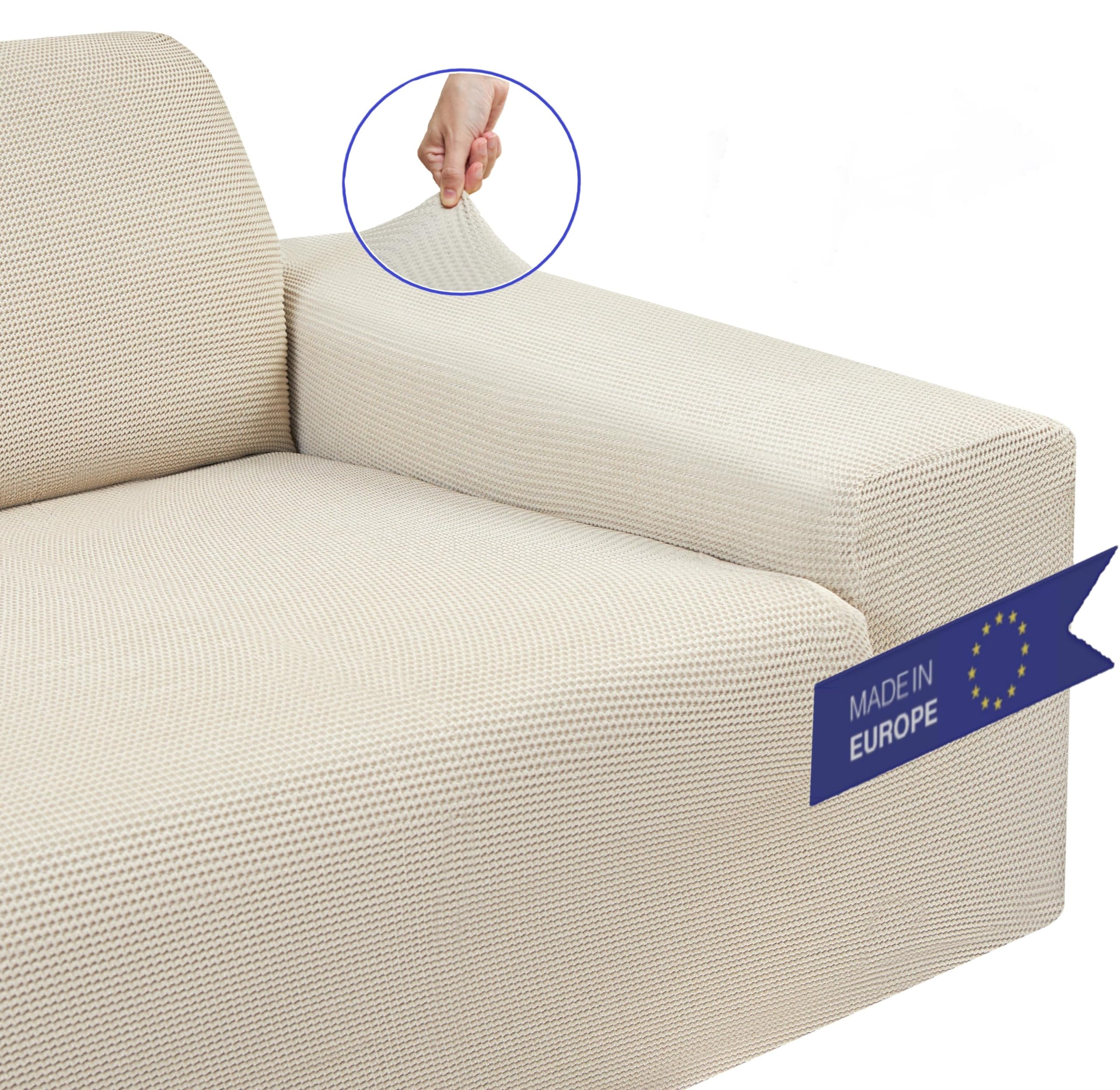 BLUZIMAN® - Funda Sofa Gruesa Premium, Funda de Sofá Multielastica Ajustable Hecho en España, Algodón Mixto, con Reposabrazos (130-170 cm. 2 PLAZAS, Marfil)