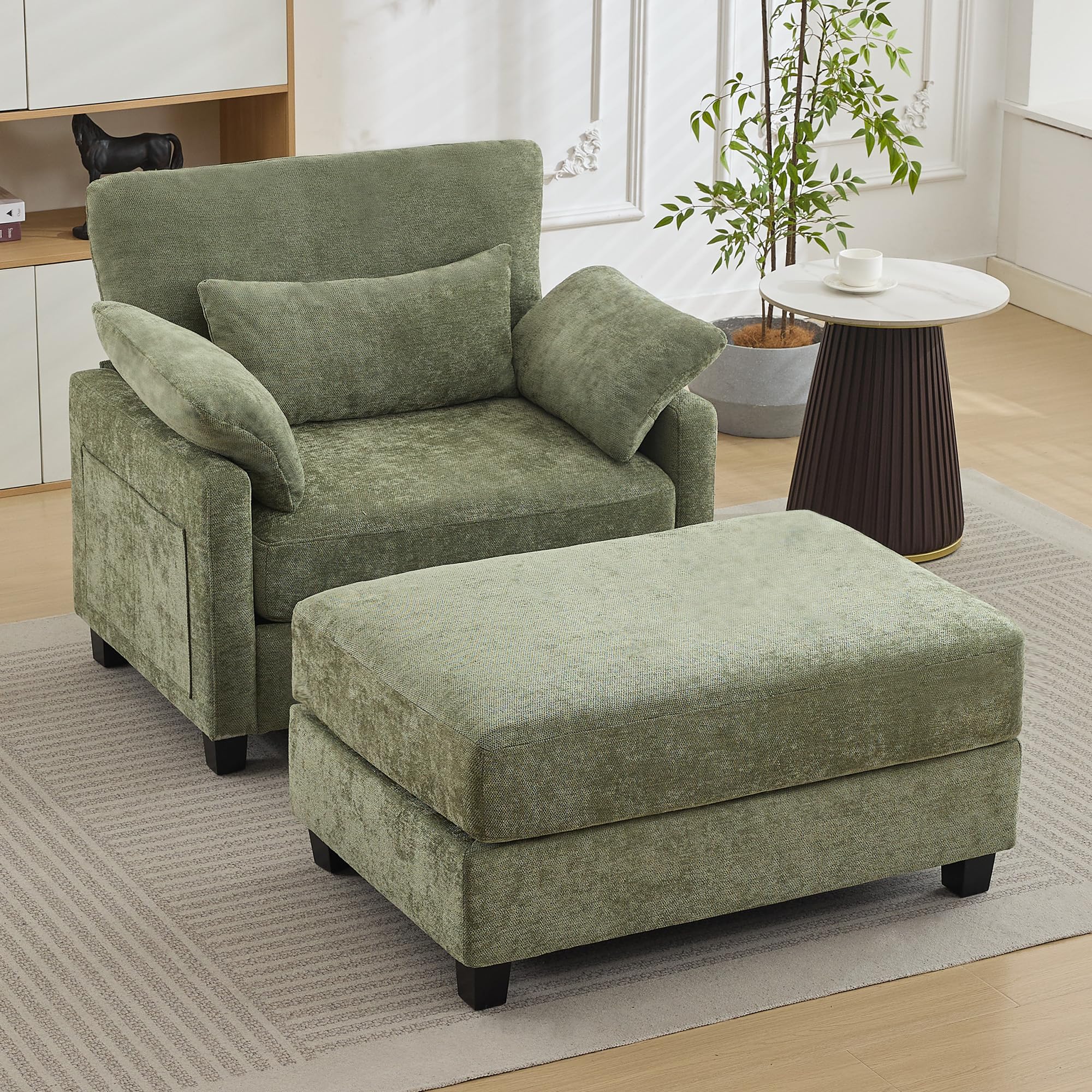 Condition photo showing New/Like New for wututuee 57.5" oversized chaise lounge with ottoman indoor, oversized reading chair with ottoman & sofa bed, green chenille upholstered comfy sleeper chair for living room, bedroom, office