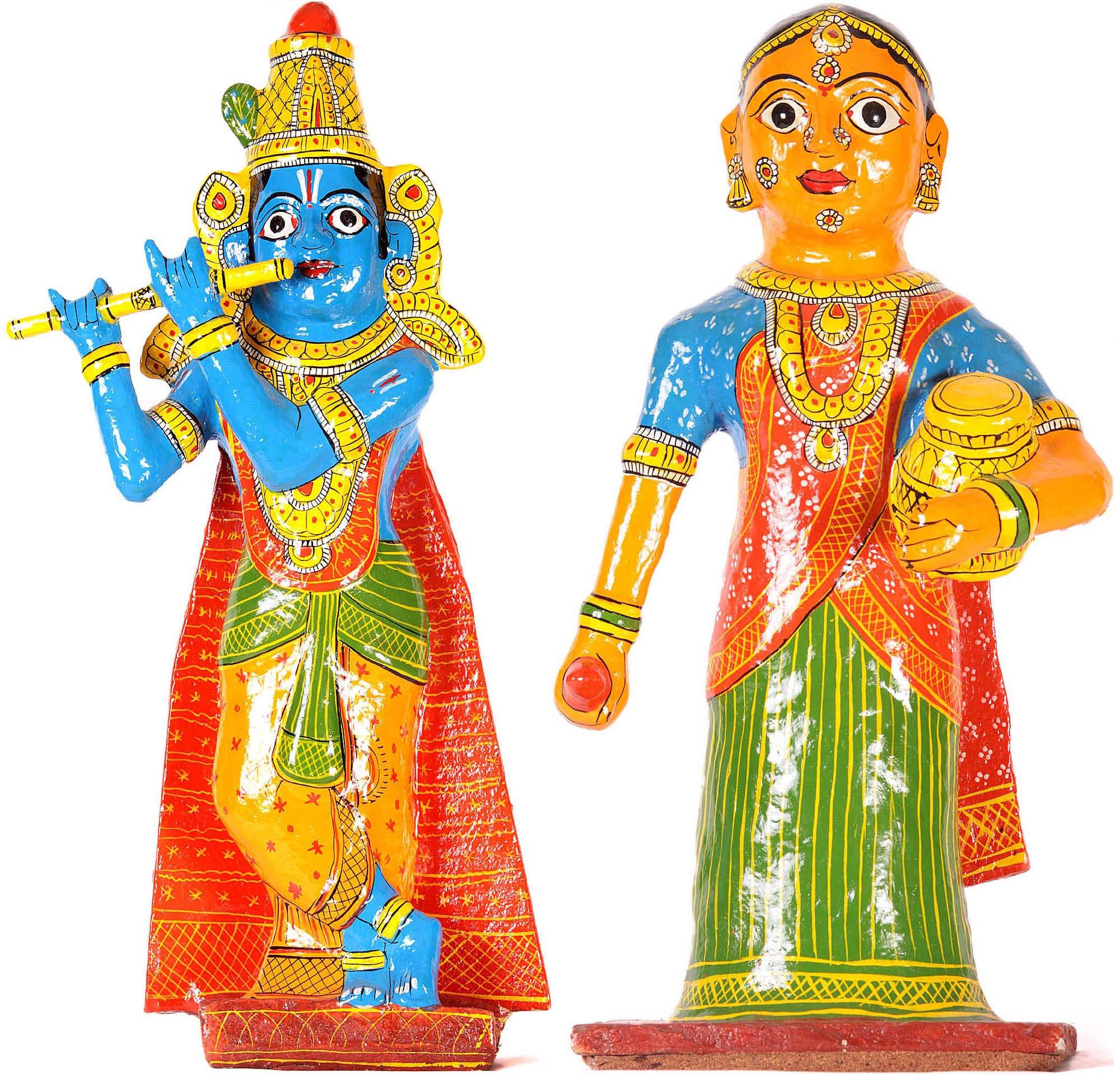 Statue Radha Krishna artisanale en papier mâché folk indien unique
