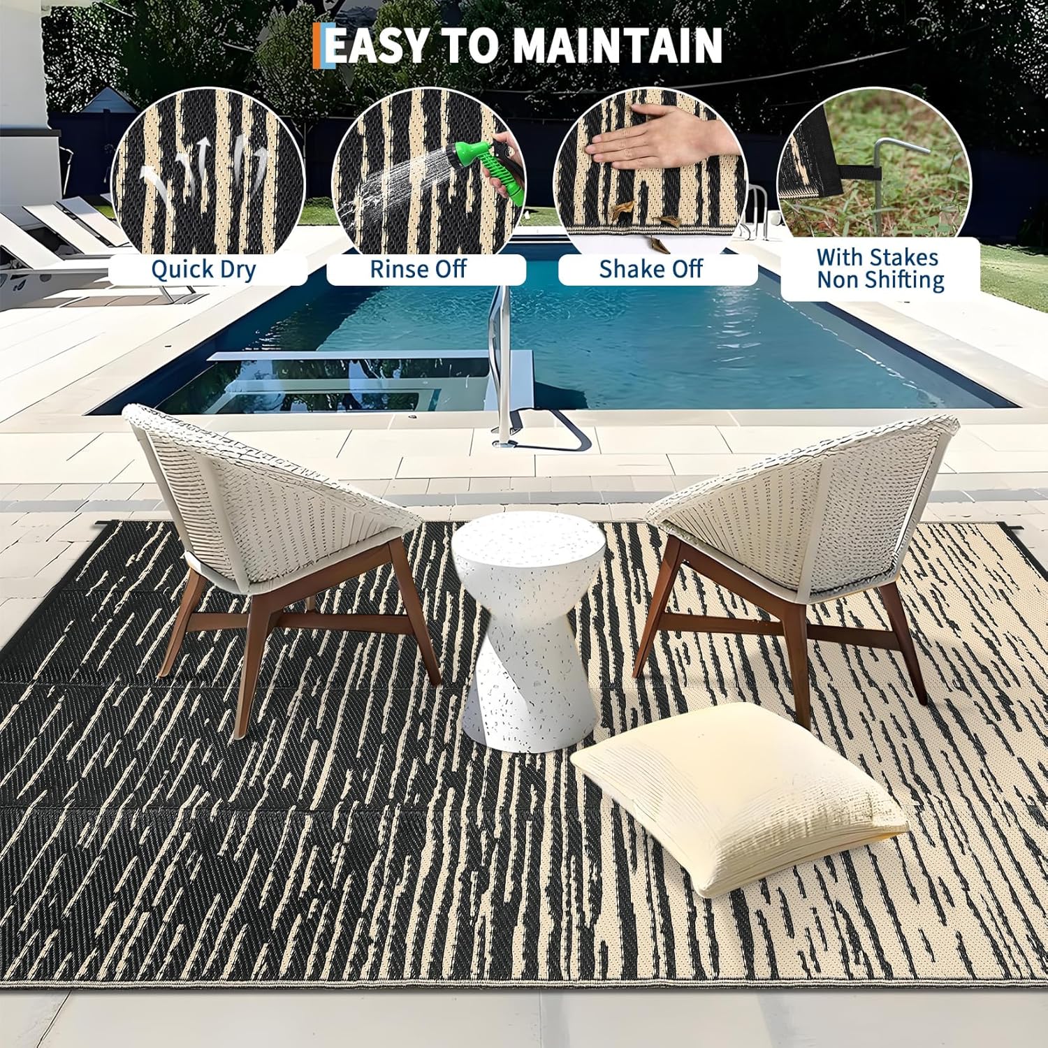Garvee 6x9 RV Outdoor Rug Waterproof, Modern Striped Outdoor Plastic Straw Rug, Reversible UV Resistant Abstract Outside Rugs for Picnic Backyard Deck Balcony Porch Beach, Black Coffee