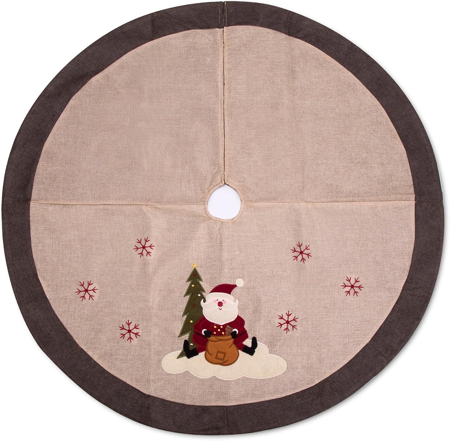 iPEGTOP 42 inches Burlap Rustic Christmas Tree Skirt - Classic Holiday Decorations Woodland Santa Snawflake Embroidery - Begie Brown Rim