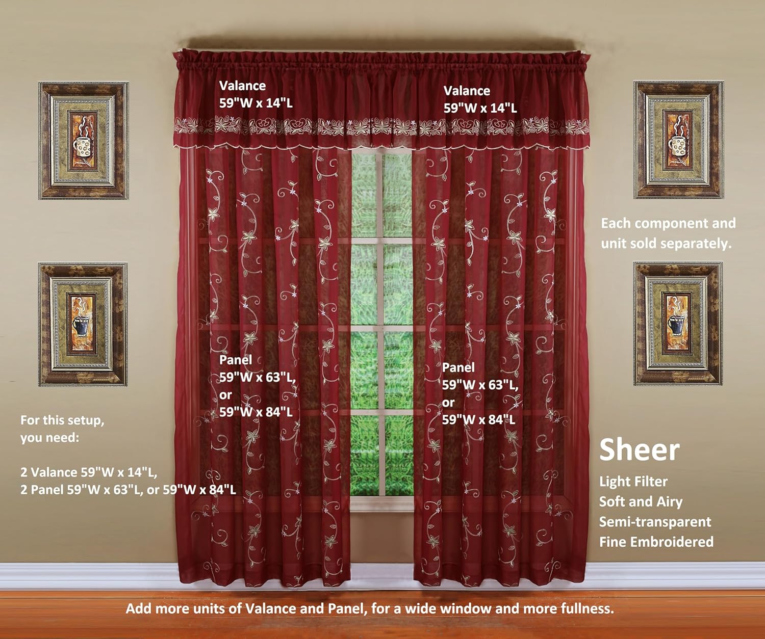 Today's Curtain, Emelia Embroidery Sheer Valance 14", Burgundy, 59" W x 14" L