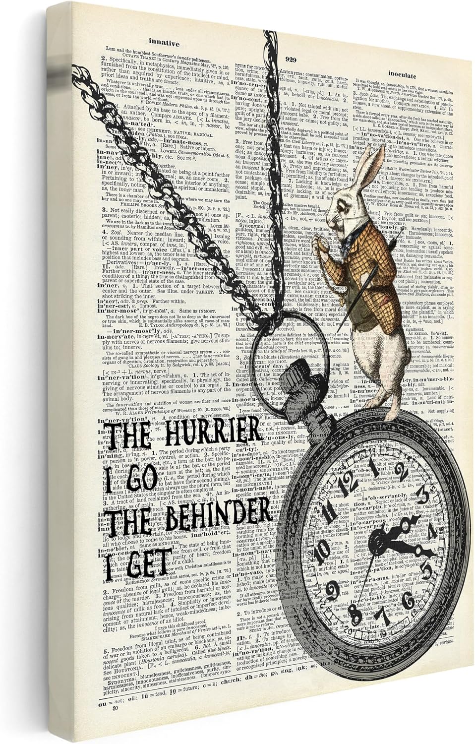 Monem Art Dictionary Art Canvas - The Hurrier I Go Print - White Rabbit & Alice Wonderland Art - Funny Gift for Boy, Girl - Wall Decor for Kid's Room, Bedroom, Office - Available in 8x10 to 30x40