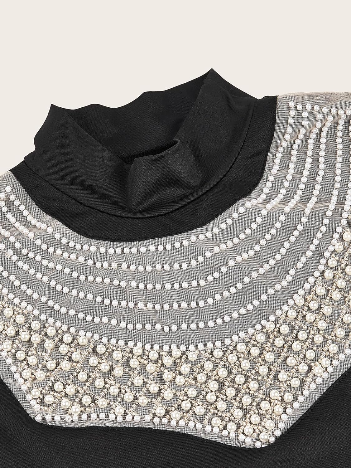 レディース 高光沢フェイクパール 伸縮ニット生地 ラウンドネック フェイクカラー ワンサイズ ディッキーカラー 女性用 (ブラックア